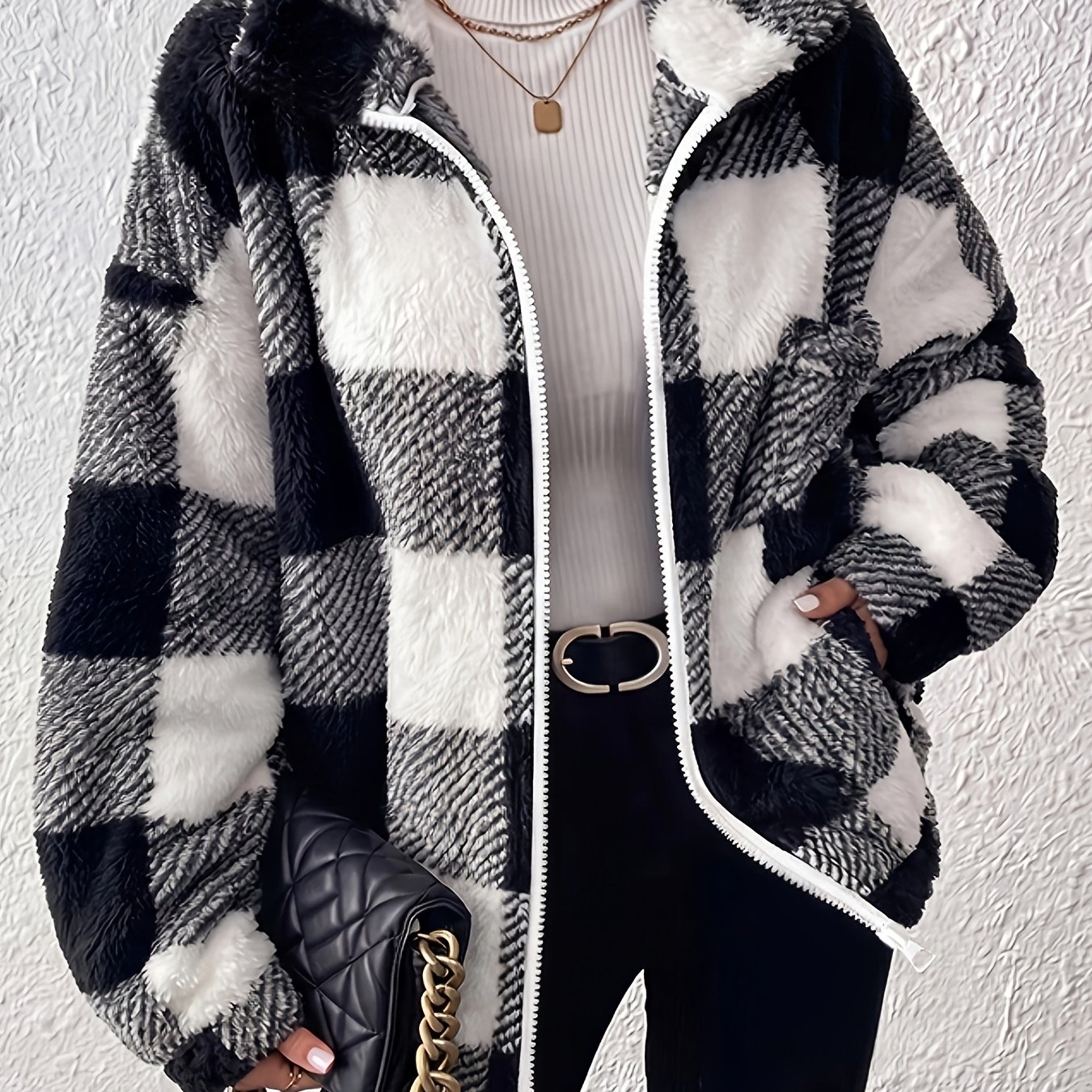 TEMU Women's Plush Faux Teddy Jacket - Elegant Collar Plaid With Pockets, Gray & White Suitable For Fall/winter, Warm Winter Outerwear, Machine