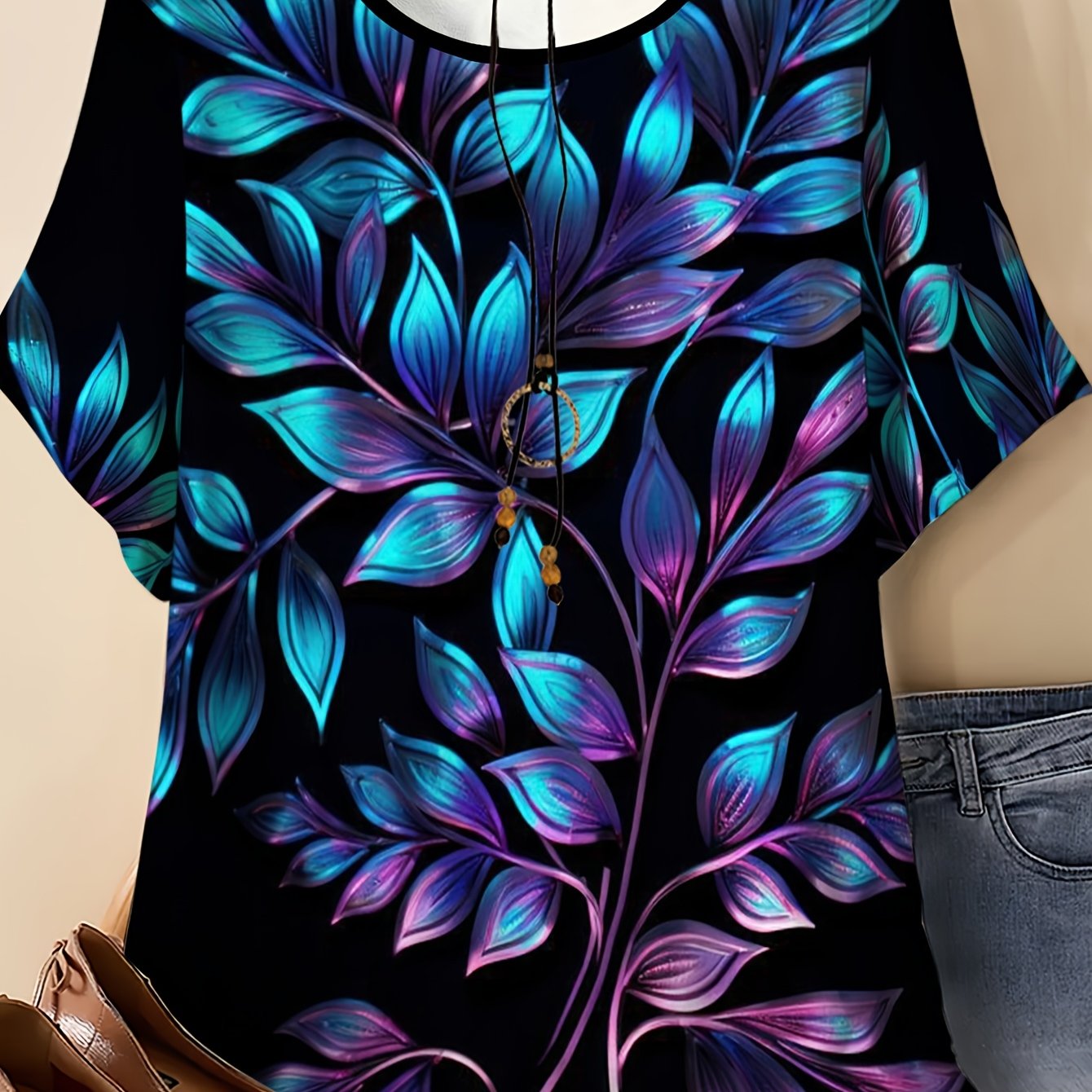 TEMU Plus-size Women's Oversized Round Neck T-shirt - Blue-purple Gradient Leaf Print Short Sleeve -compatible Top | Non-sheer Loose Fit Summer Style