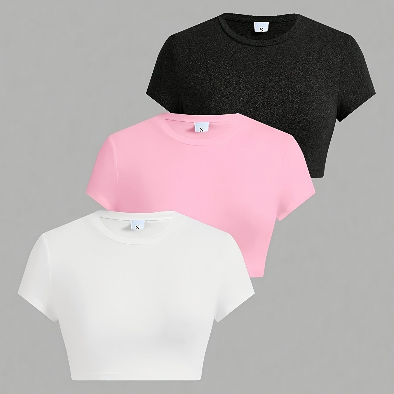 TEMU Conjunto de 3 camisetas cortas escotadas, cuello de manga corta ajustado para mujer