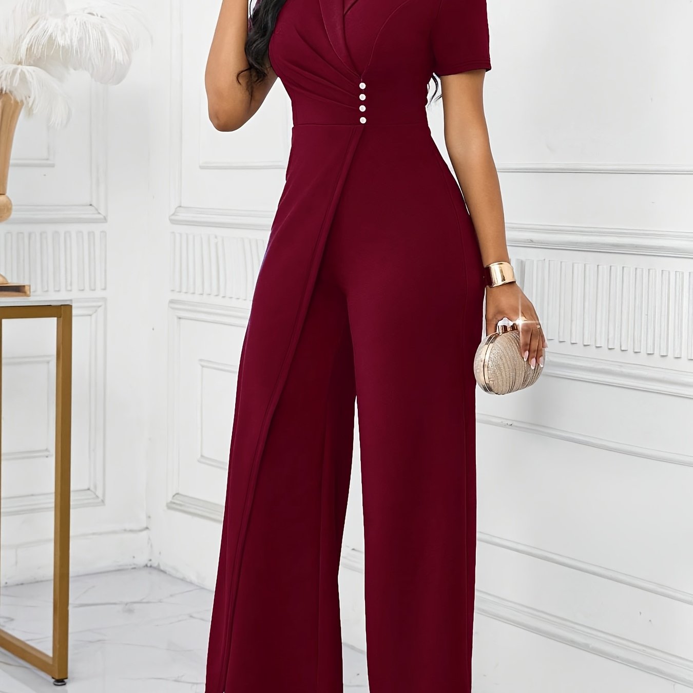 TEMU Mono de Mujer Ajustado para Otoño/Invierno con Escote Cruzado, Color Sólido, Cinturón Decorativo de Botones, Largo - Mono Elegante y Versátil
