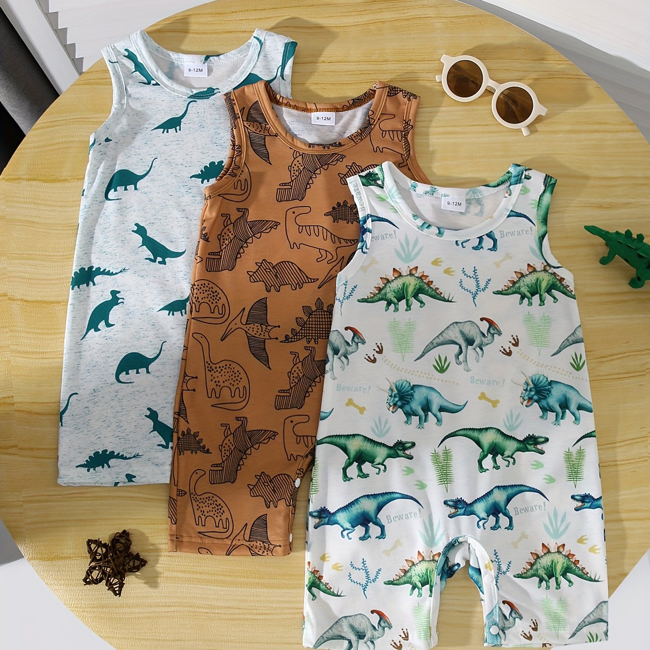 Image of Summer 3pcs Baby Boy Outfit Cartoon Dinosaur Print Crew Neck Sleeveless Romper Shorts Set, For Outdoor