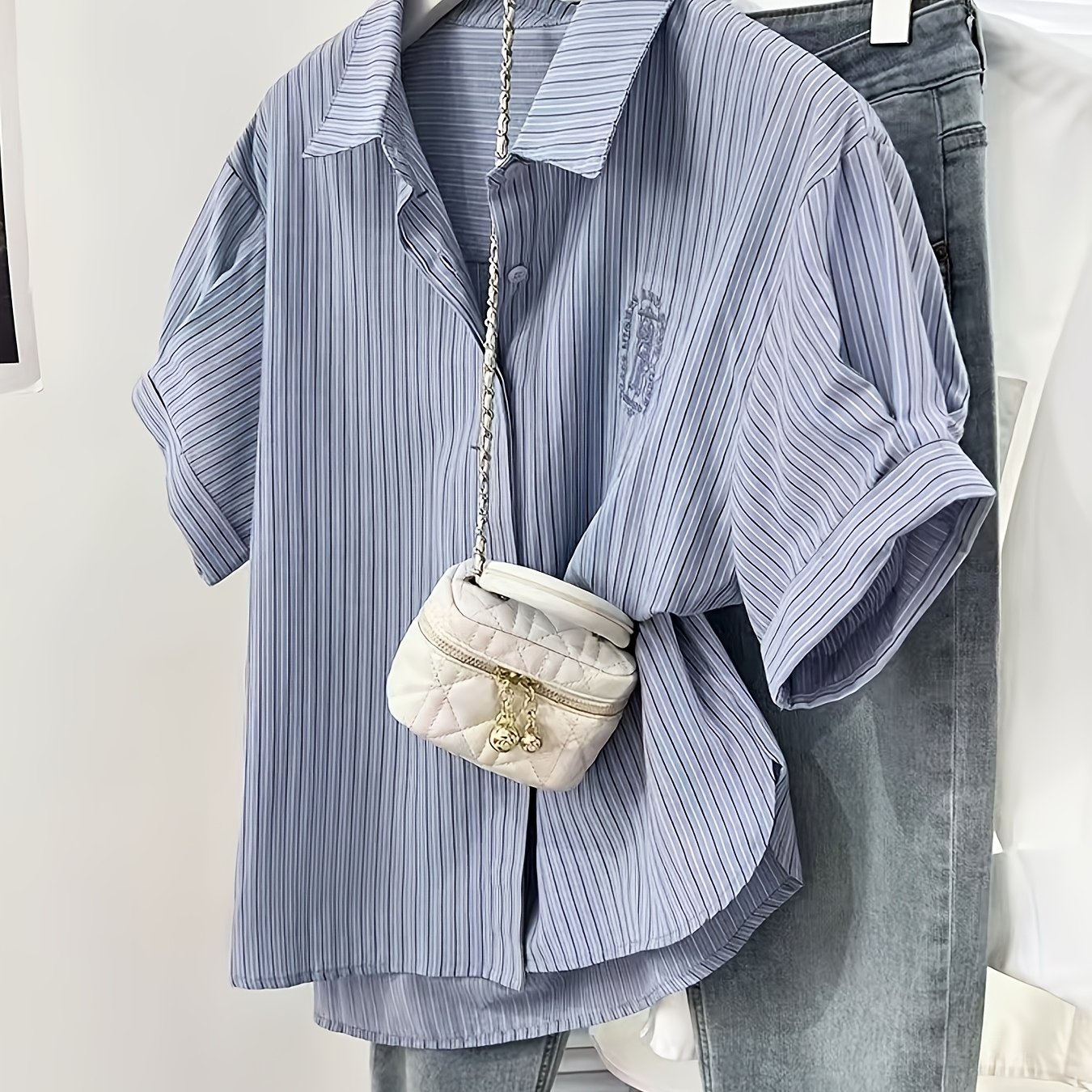 TEMU ストライプシャツ レディース 夏 プチサイズ 半袖シャツ ルーズ カジュアル ブルートップ