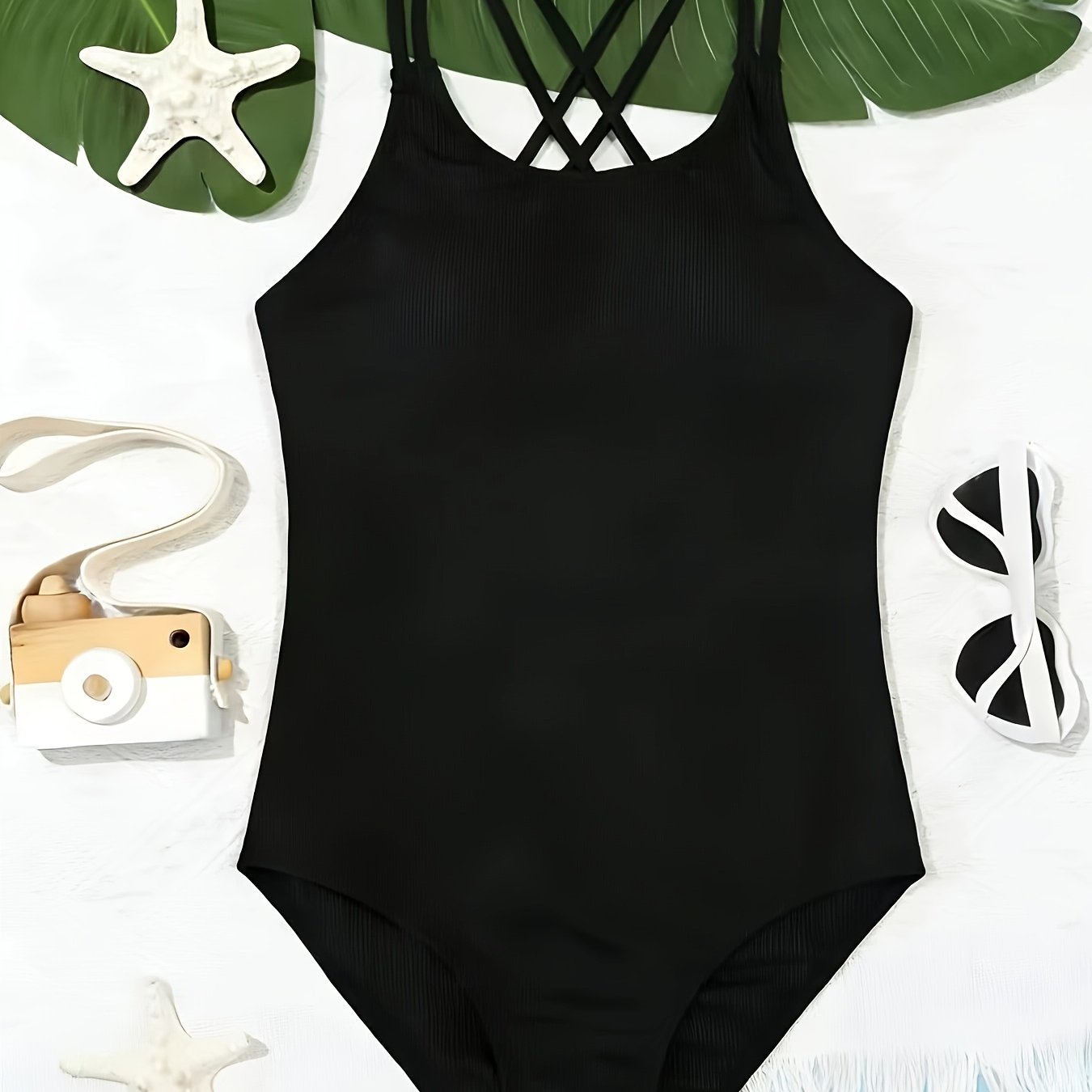 Beach Summer Fashion Small Pit Stripe Fabric Thin Strap Cross Back One-piece Swimsuit