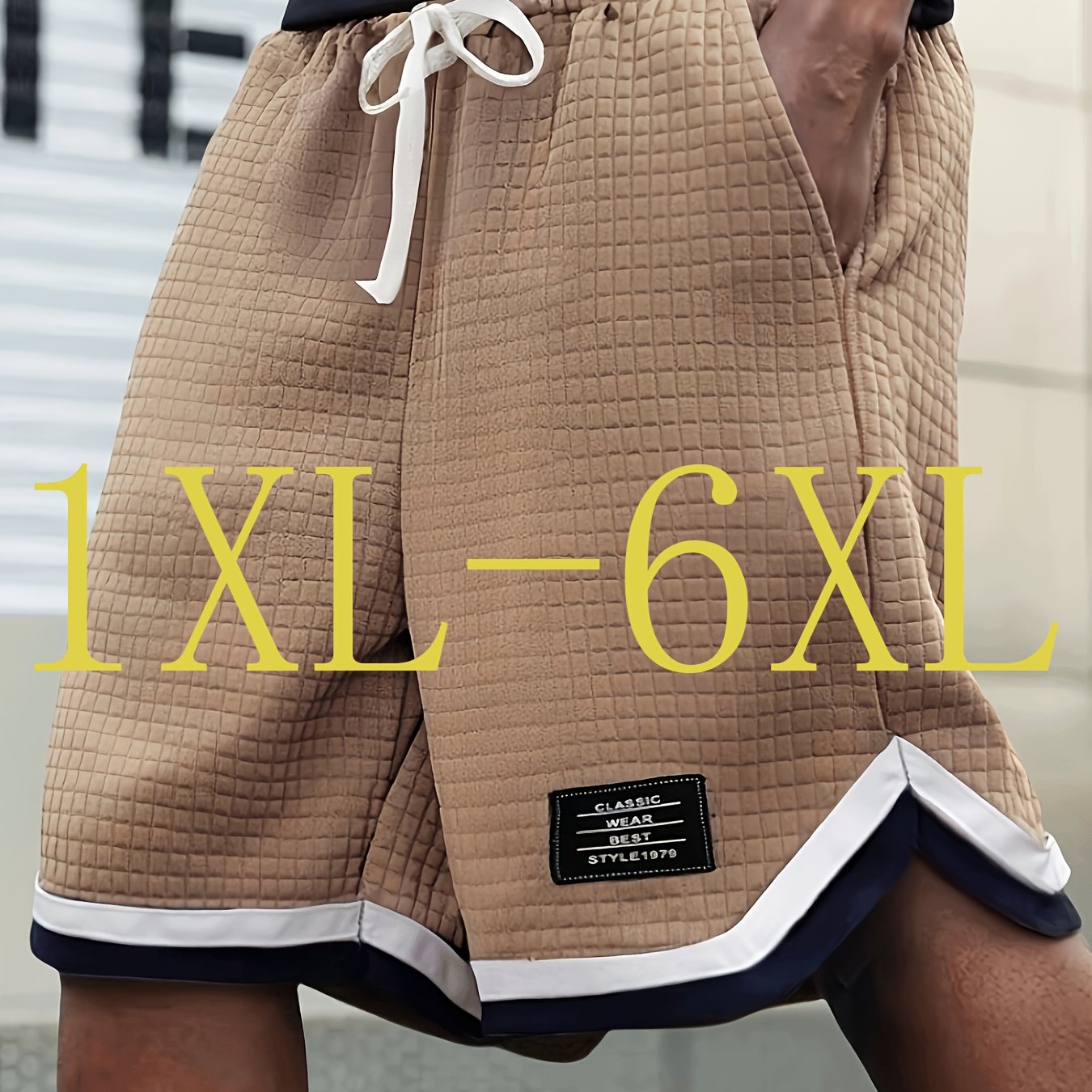 TEMU Men's Plus Size Five-color Color-block Striped Pattern Print Waffle Knit Jacquard Shorts With Drawstring And Multiple Pockets, Stylish And