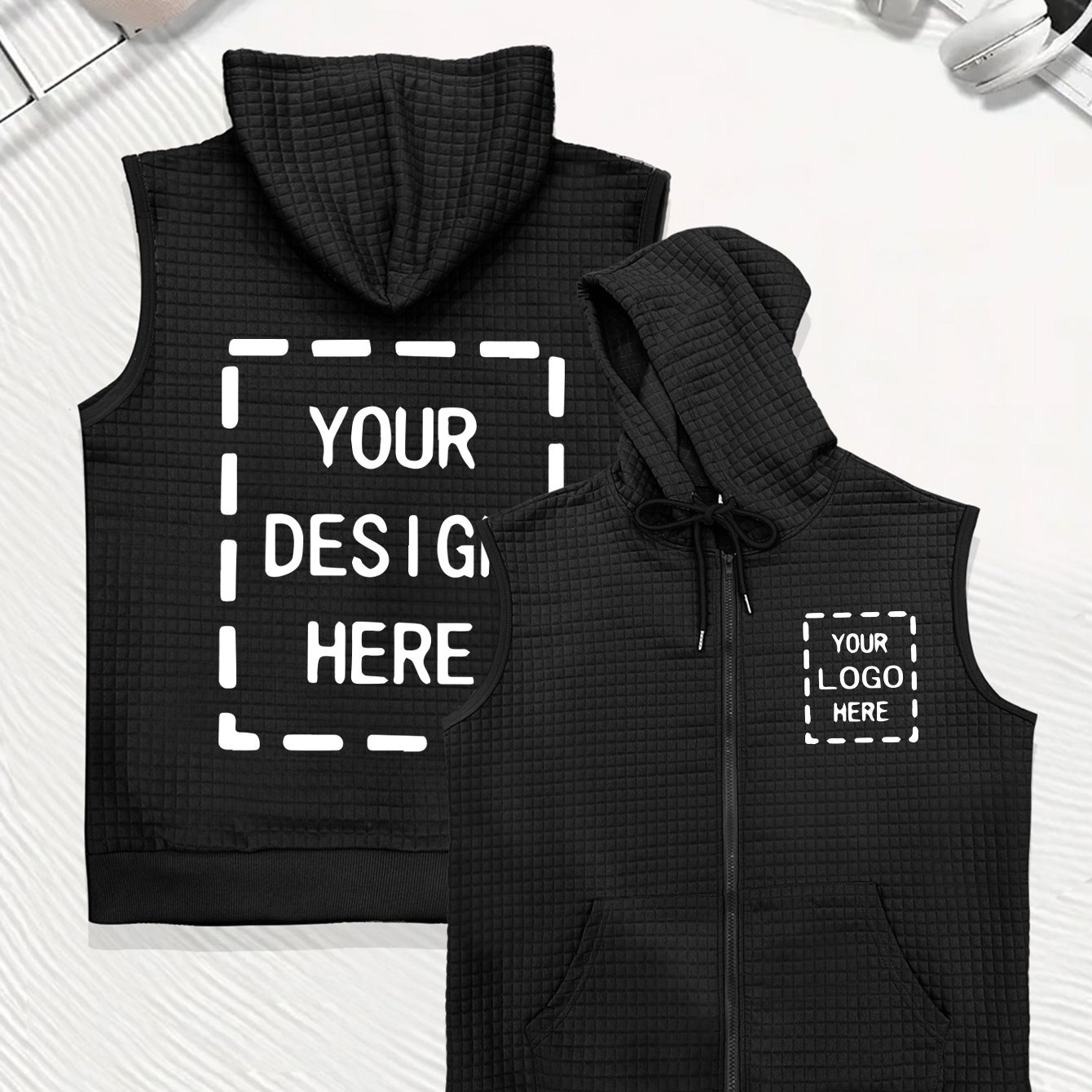 TEMU Custom Diy Men's Waffle Print Hooded Zip-up Vest Top, Suitable For Daily And Formal Wear, Summer Fashion Fitness Sports Outdoor Outfit.