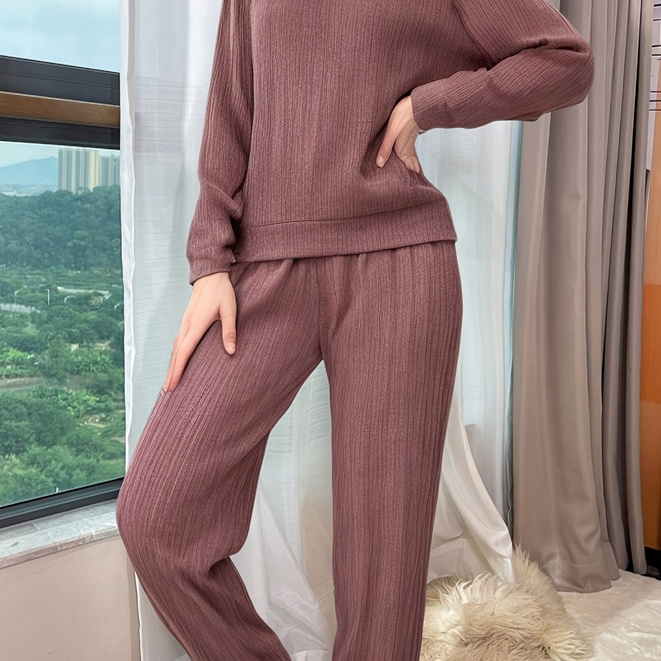 TEMU Round Neck Long Sleeve Top And Pants, Fall Winter Women's Casual Comfortable Pajamas
