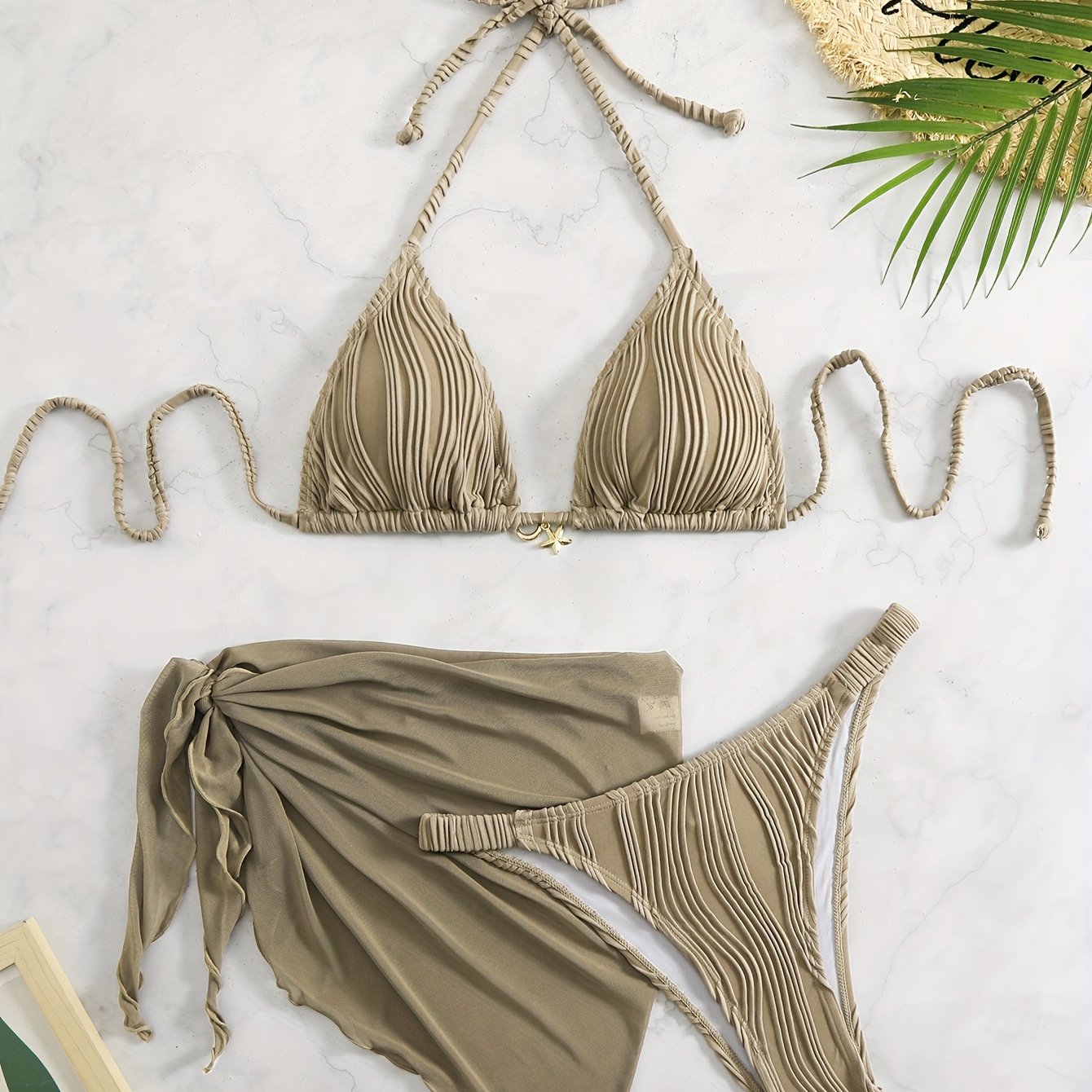 E-shop Sommer-Mode-Pendant Drei-Teile-Set Damen Neues Uni-Farben Plissierter Stoff Bikini-Set mit Wickelrock