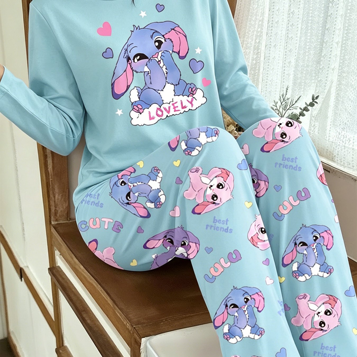 TEMU Women's Pajama Set With Cute Cartoon Rabbit Heart Letter Print, Casual Round Neck Long Sleeve Top And Print Cute Rabbit Long Pants, Sleepwear,