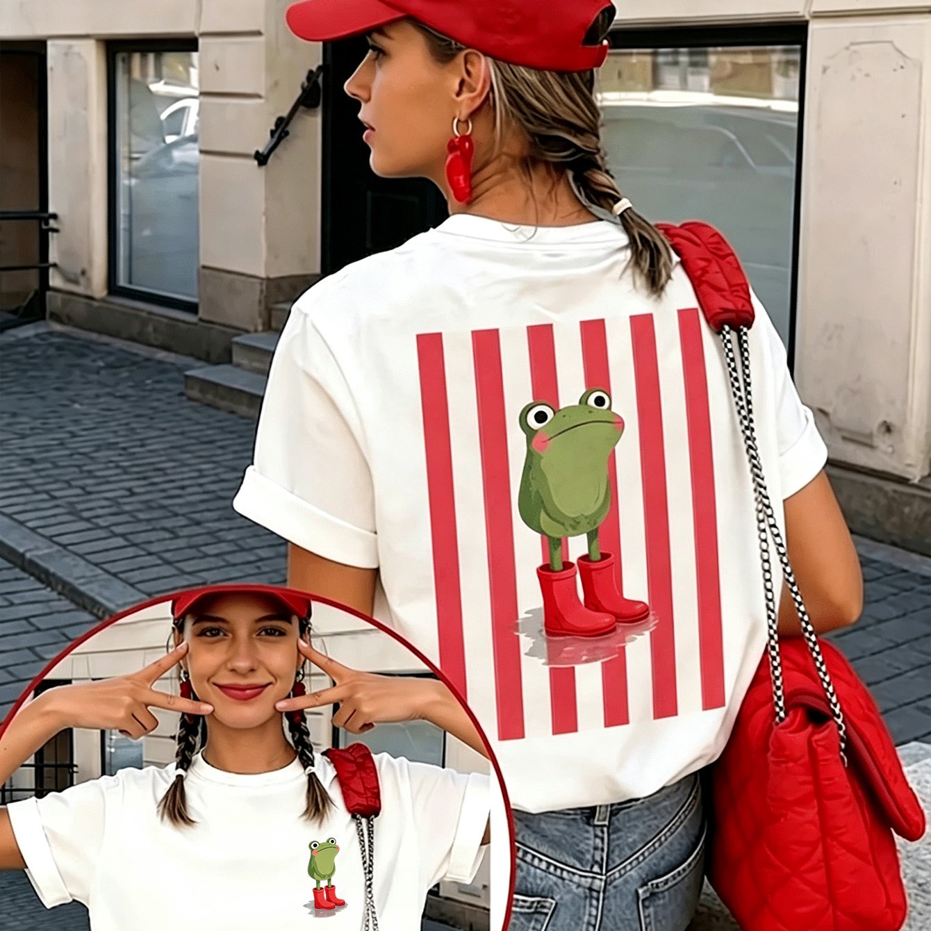 TEMU Camiseta para mujer de rana con botas de lluvia - Top de manga corta con estampado de rana a rayas, ajuste regular y cuello - Compatible y