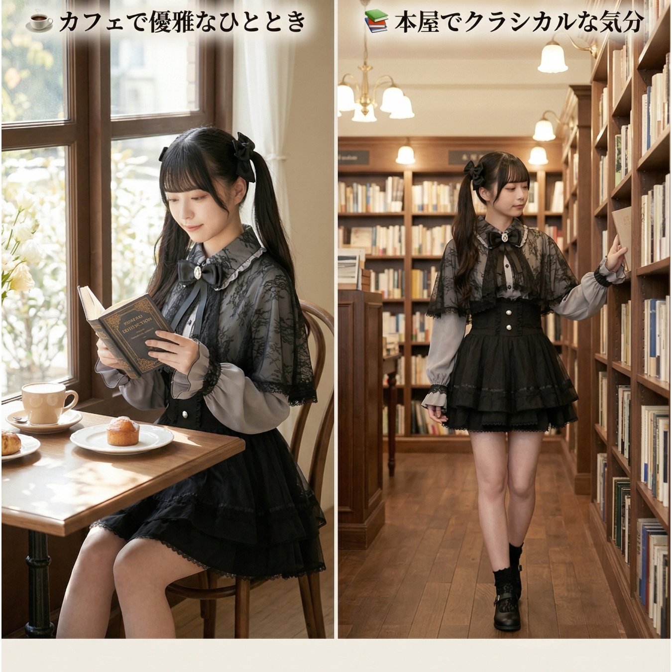 TEMU レディース 日本製 次愛けい ロタイル 2点セット レースケープ フリルスカート ハイウエスト リボン ビーズディテール ゴシックスタイル キュート 普段着 デート 原宿ファッション