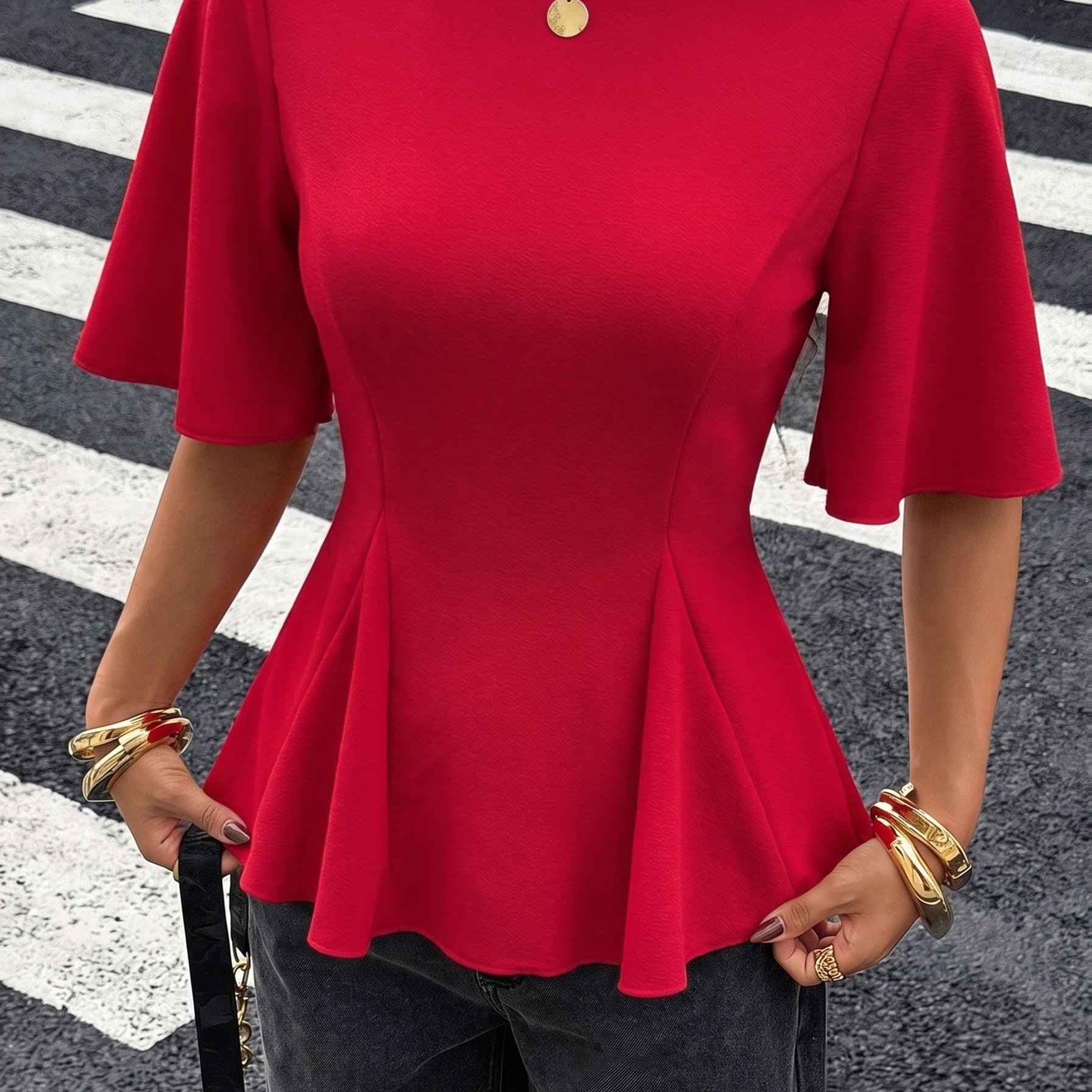 TEMU Women's Boat Neck Flared Sleeve Cinched Waist Pleated Top, Back Elastic Waist Tummy Control Temperament Pullover, Party Versatile Blouse