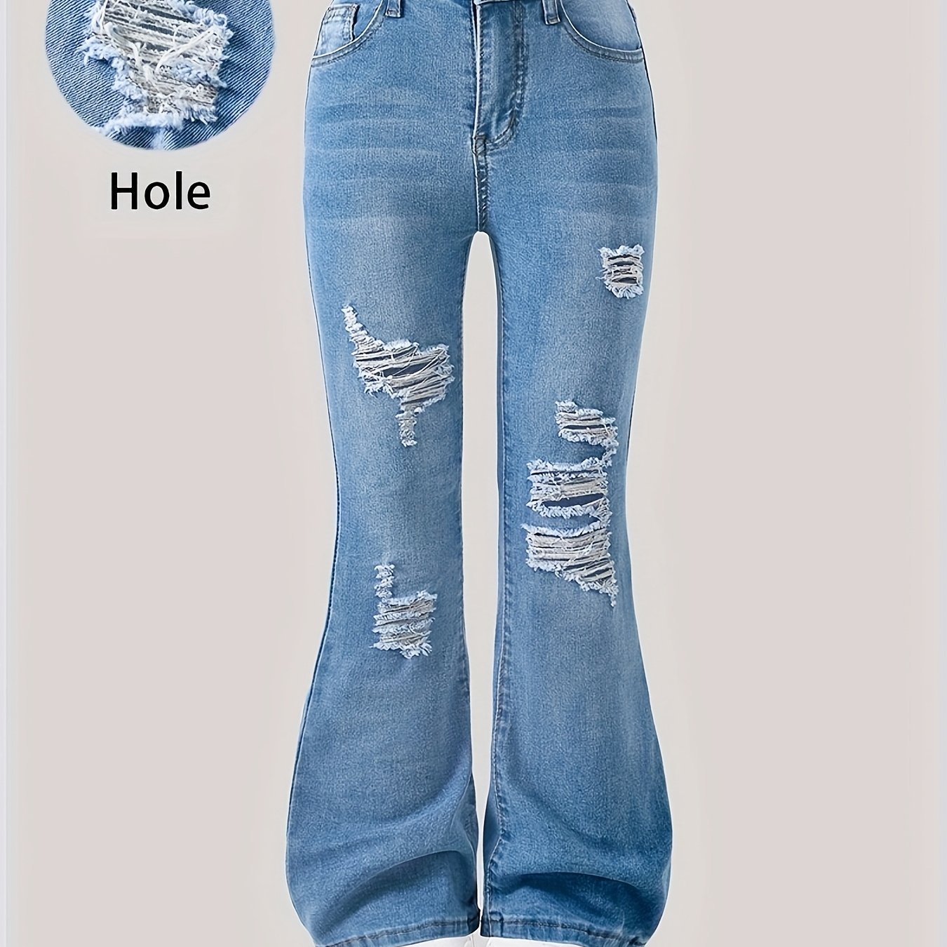 Image of 2026 New Directional Development Girls' Festival Hot Denim Jeans, Retro Y2k Style Flare Pants, Distressed Hole Design, Spring Summer Back-to-school Basic Versatile