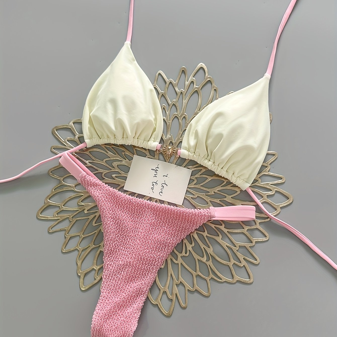 TEMU French Premium Solid Color Halter Tie-back Whitening Swimsuit Women's Sexy Bikini