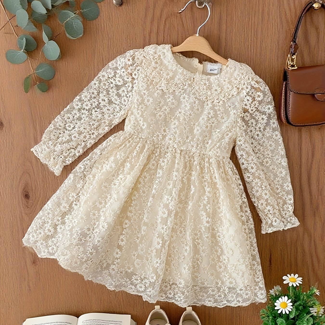 Image of European And American Autumn/winter Style Beige Dress For Girls, Knee-length Dress, Children's Mesh Skirt, Layered Mesh, Small Floral Print, Sweet And Cute, Casual Wear