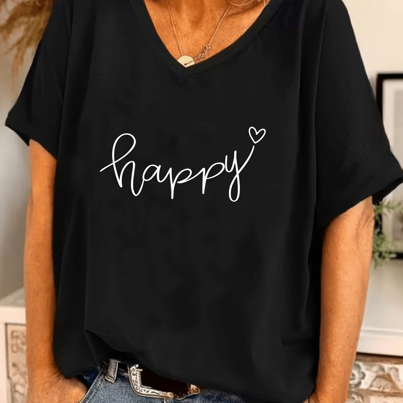 TEMU T-shirt à manches chauve-souris et col en V pour femmes grande taille, motif "Happy", design décontracté, coupe , style , tissu extensible