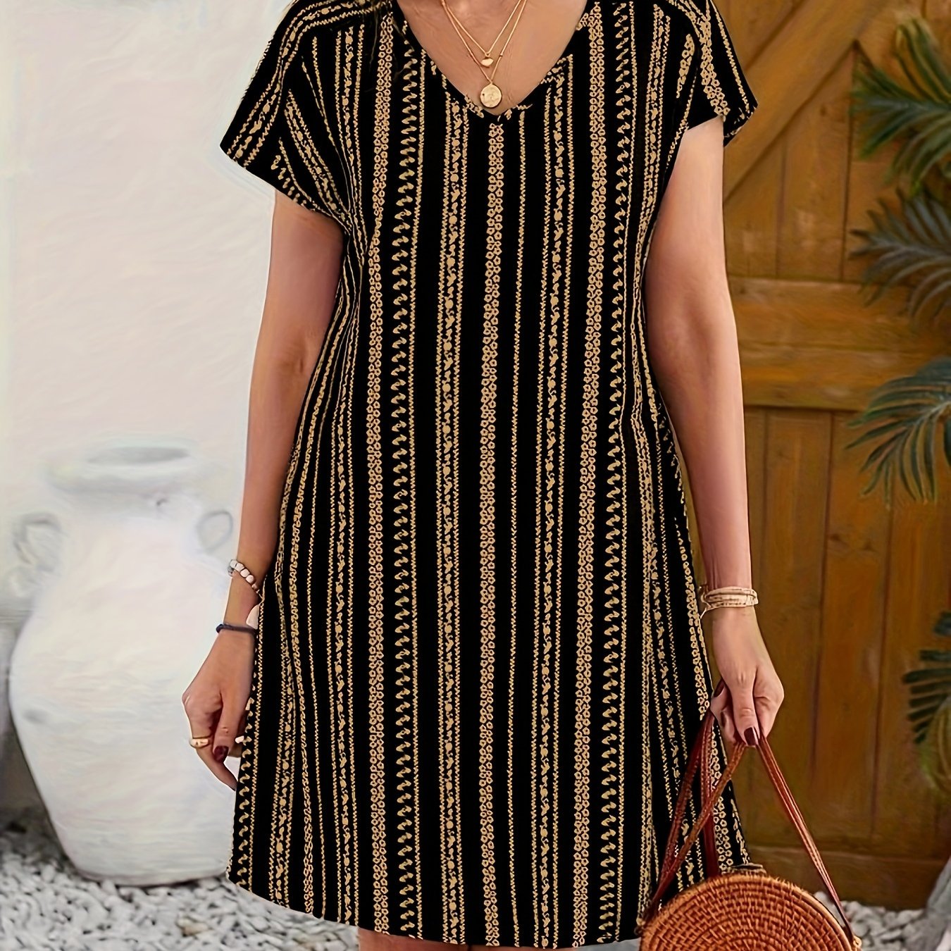 TEMU Ethnic Print V-neck Dress, Vacation Style Short Sleeve Slim Fit Dress For Spring & Summer, Women's Clothing