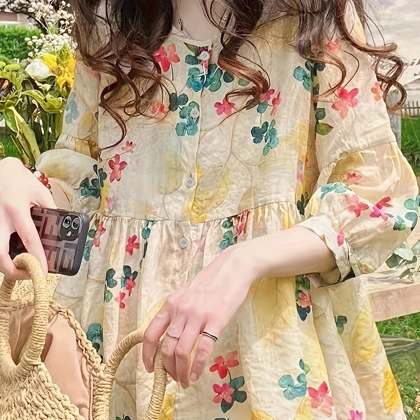 TEMU 女性用軽量花柄ブラウス - カジュアルな夏のスタイル、、長袖、ポリエステル生地、明るい黄色のベースに多色の花柄デザイン、屋外活動に最適、花柄ブラウス | 明るい花柄シャツ | 軽量生地