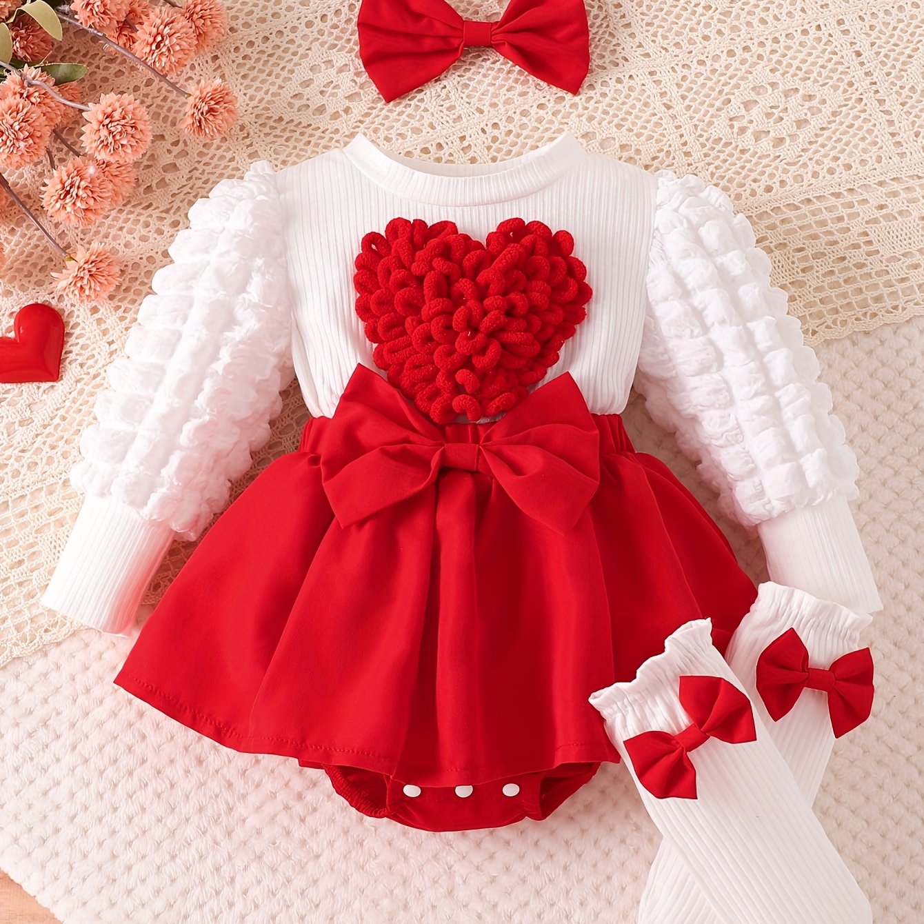 Image of Baby Girl Style Three-dimensional Heart Bubble Sleeve Romper Jumpsuit Bow Skirt With Headband + Socks Three-piece Set, For Outdoor, Halloween