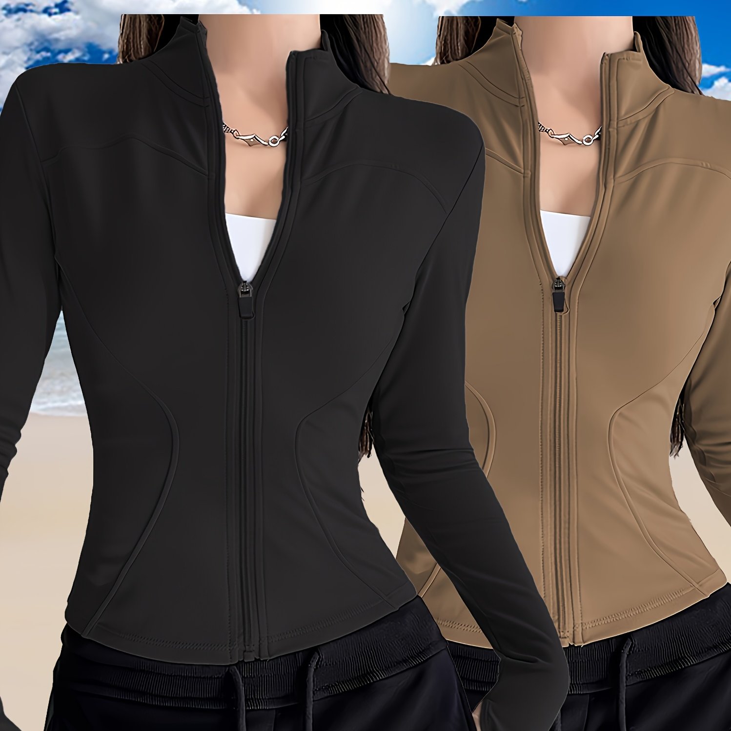 TEMU Spring And Autumn Women's 2pcs Set Fashionable Yoga Sports Top Jacket, Full Zipper Closure, Curvy Slim Fit With Waist Definition, Long Sleeves