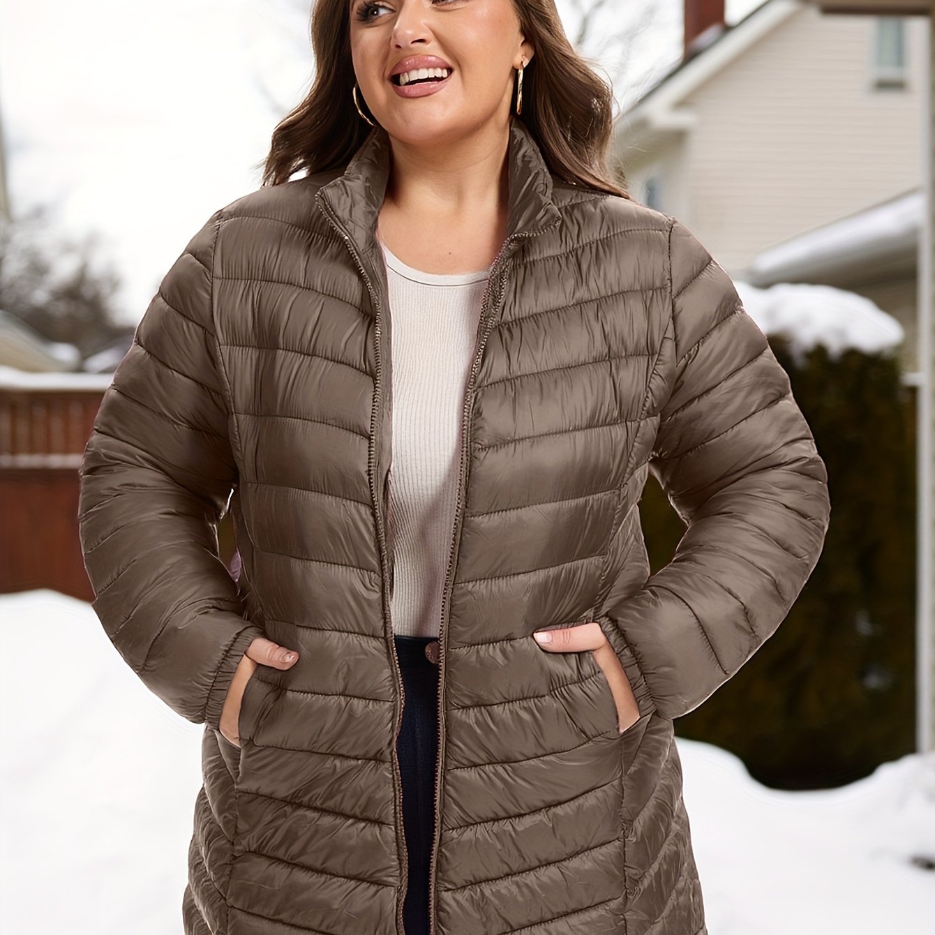 TEMU Plus Size - Plus Size - Plus Size Women's Casual Solid Mid-length Jacket With Zipper And Pockets
