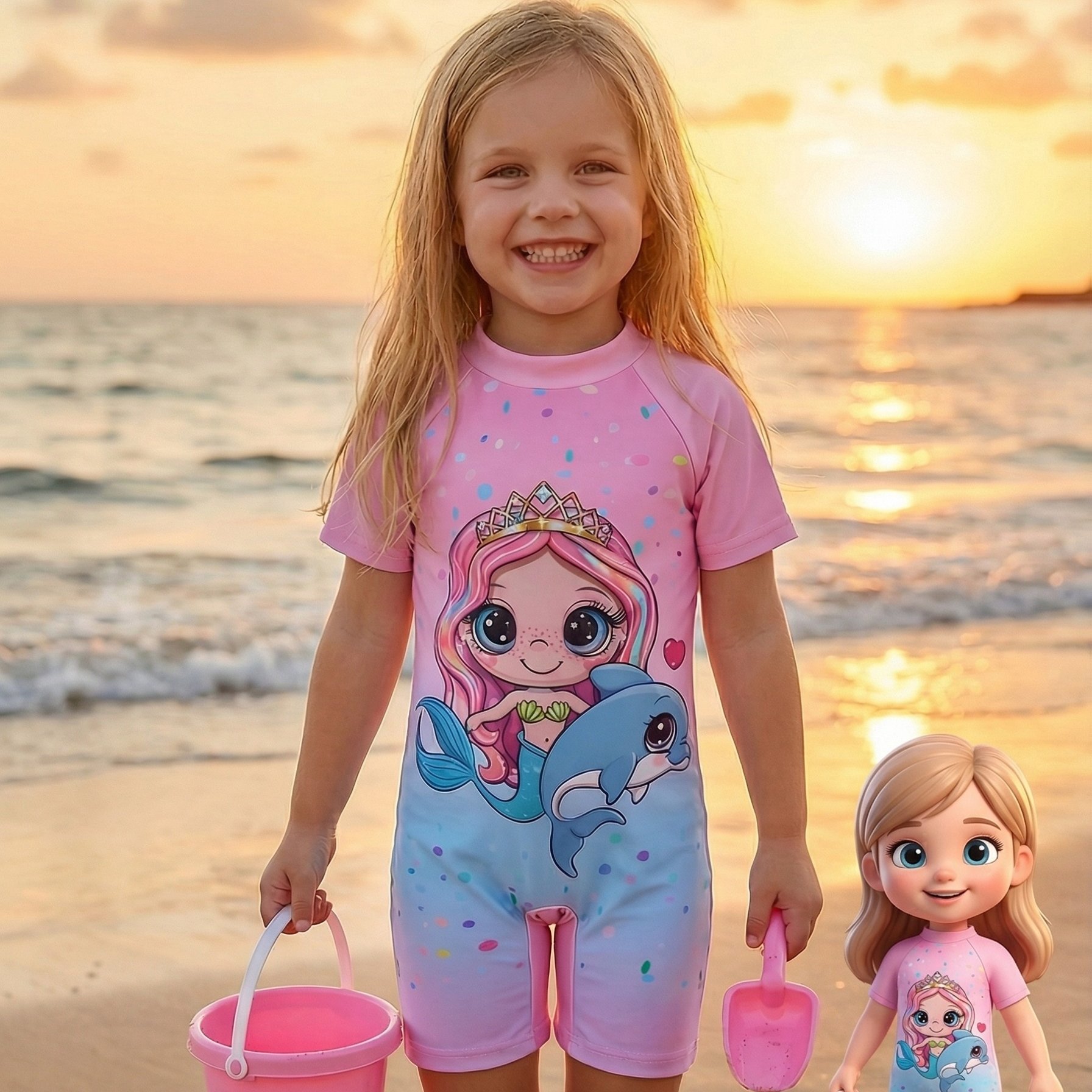 Image of Girls' Fashion 1pc Swimsuit With Pink Mermaid Print, For Indoor/beach Use Swimming Pool
