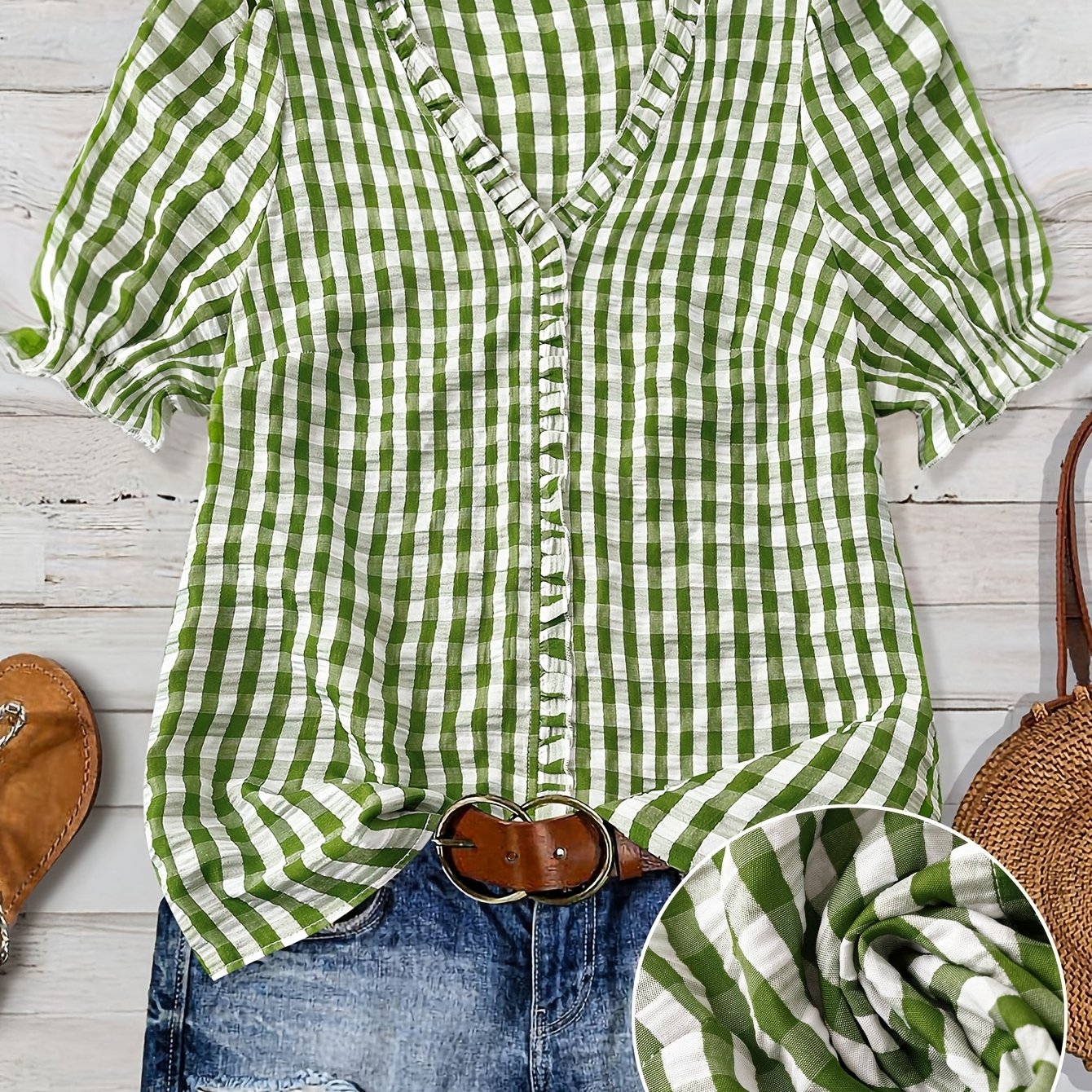 TEMU Spring Summer Solid Checkered Women's V-neck Short Sleeve Shirt Office Loose Checkered Shirt