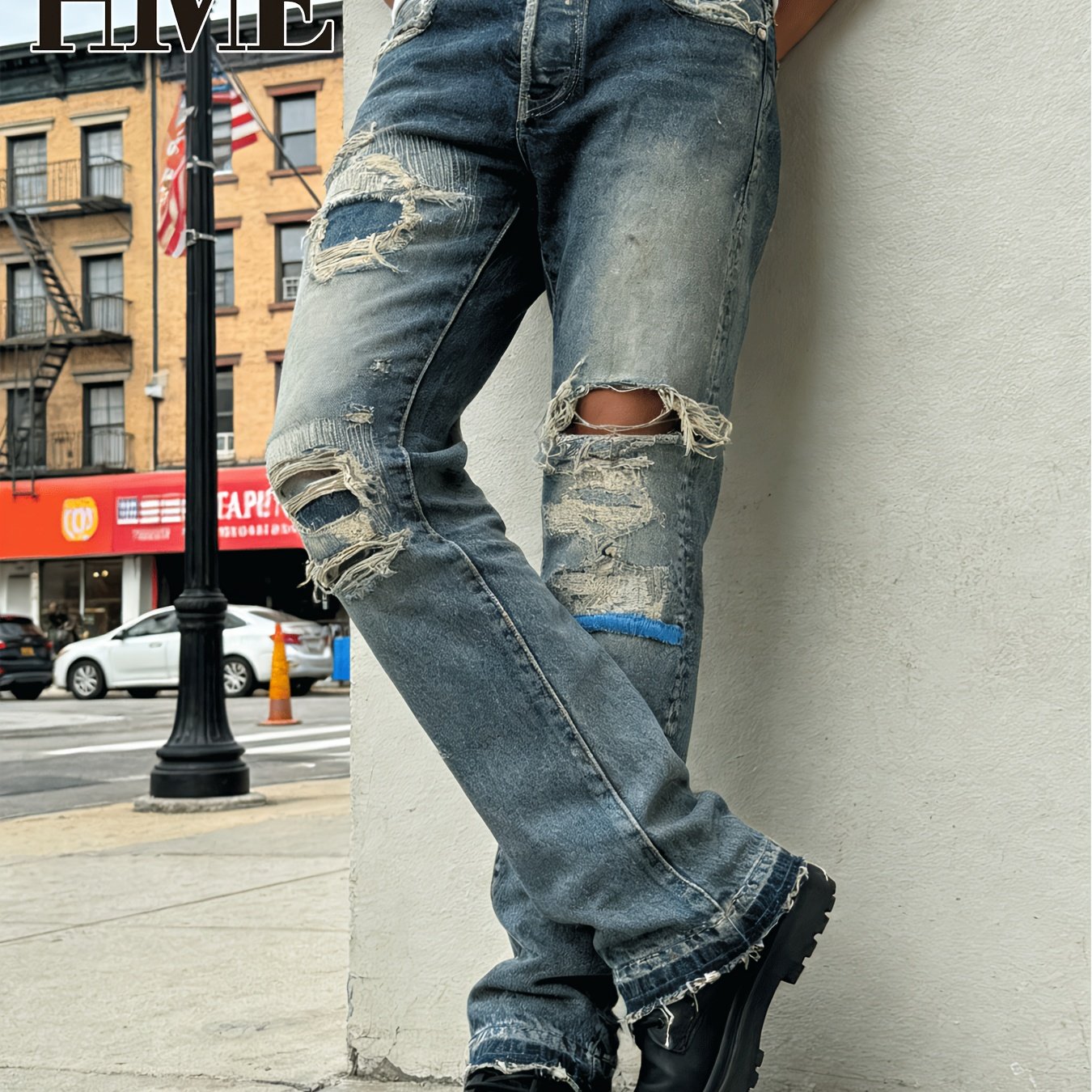Image of Hme High-quality Trendy Men's Jeans, Washed , Multi-patch And Distressed Elements, Slim Fit, Must-have For Fashion. Mid-rise, Stretchy, Slim-fit -, Suitable For