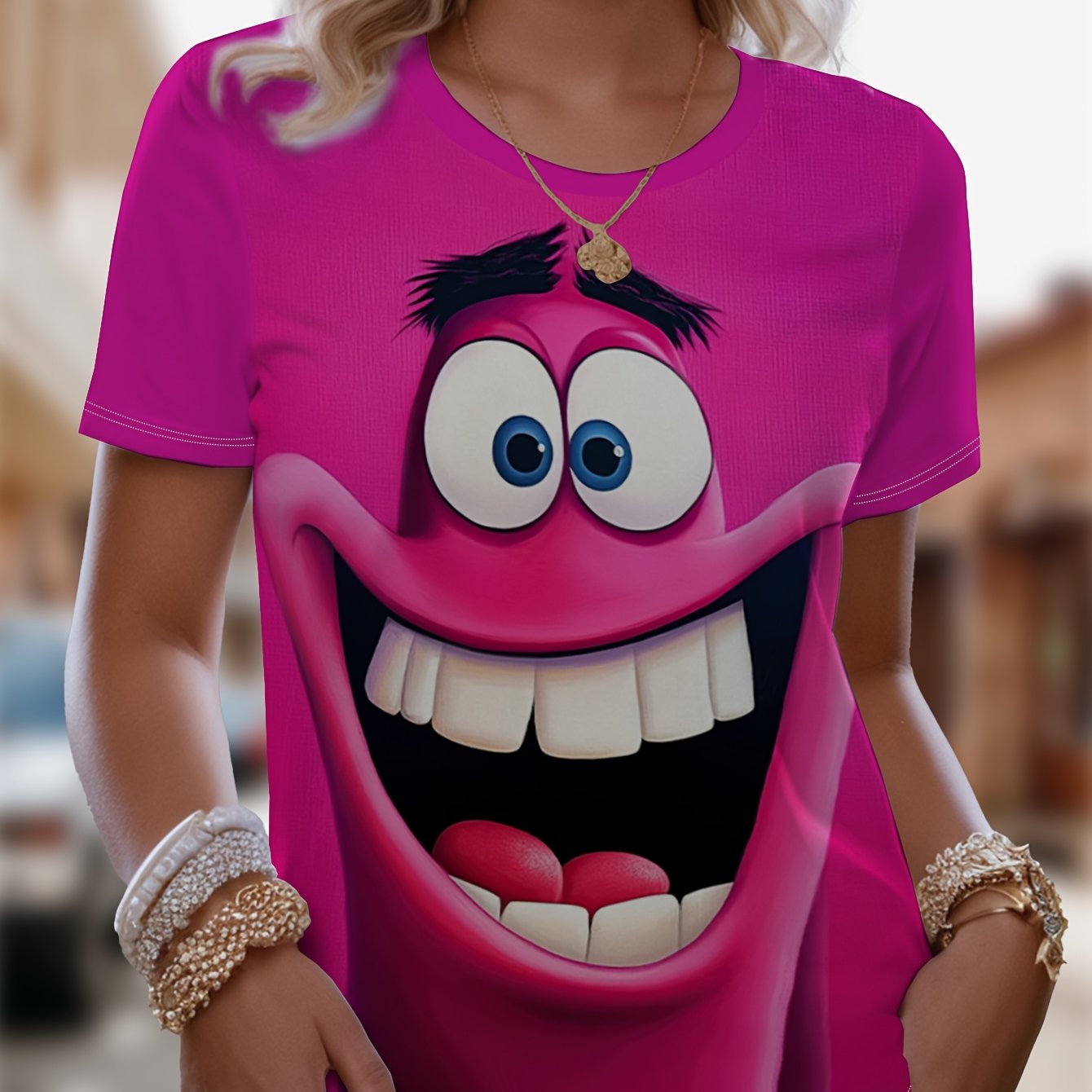 TEMU Women's Face T-shirt - Cute & Blouse Short Sleeve Top, Machine Washable Summer Casual Elegant Round Neck Blouse - Polyester Fabric For Wear