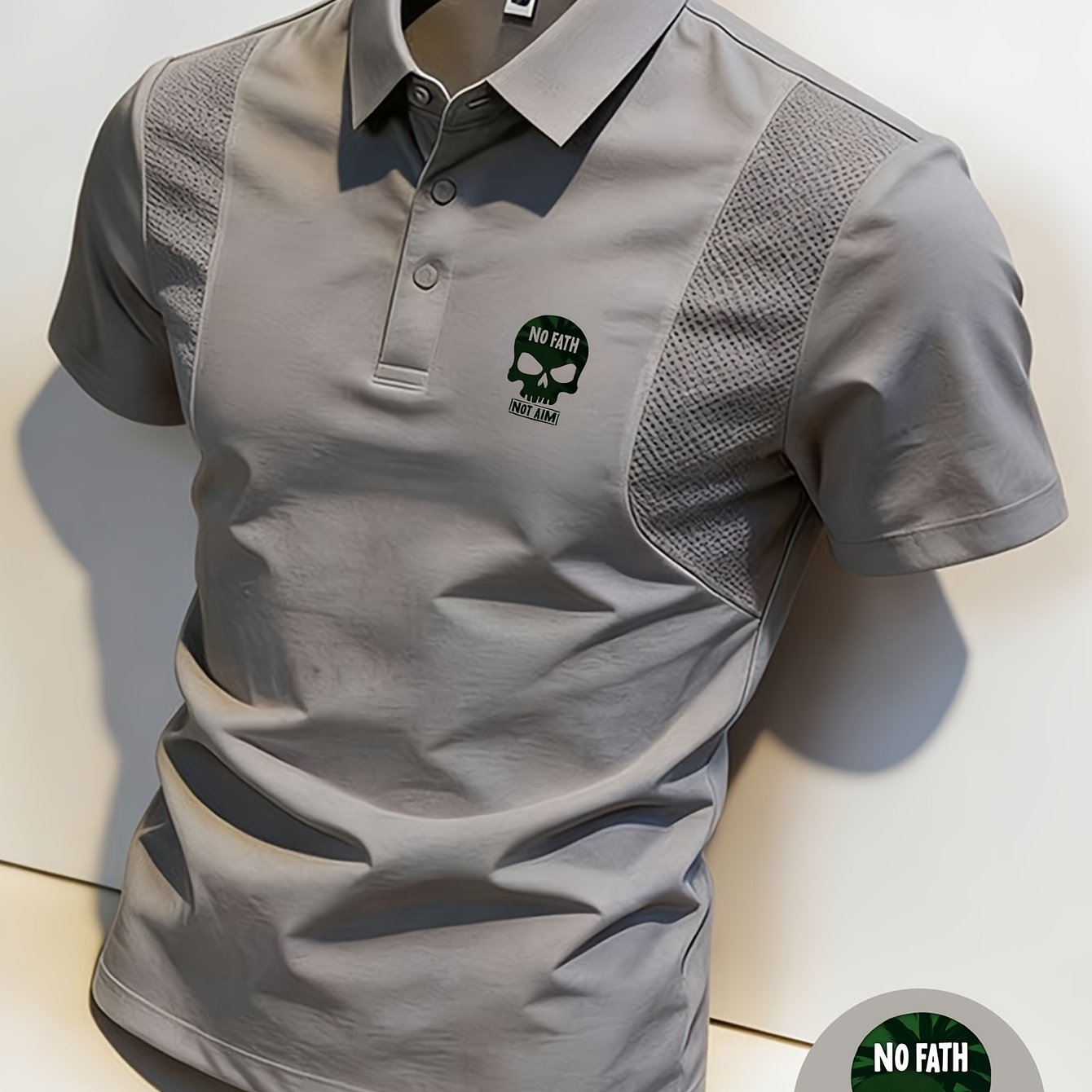 Image of Men' -style Graphic T-shirt With Edgy Skull Print. Made From Soft And Comfortable Fabric, This Menswear Top Features A Unique "no Fath Not Aim" Design. Ideal For Casual Wear, It Combines Style For A