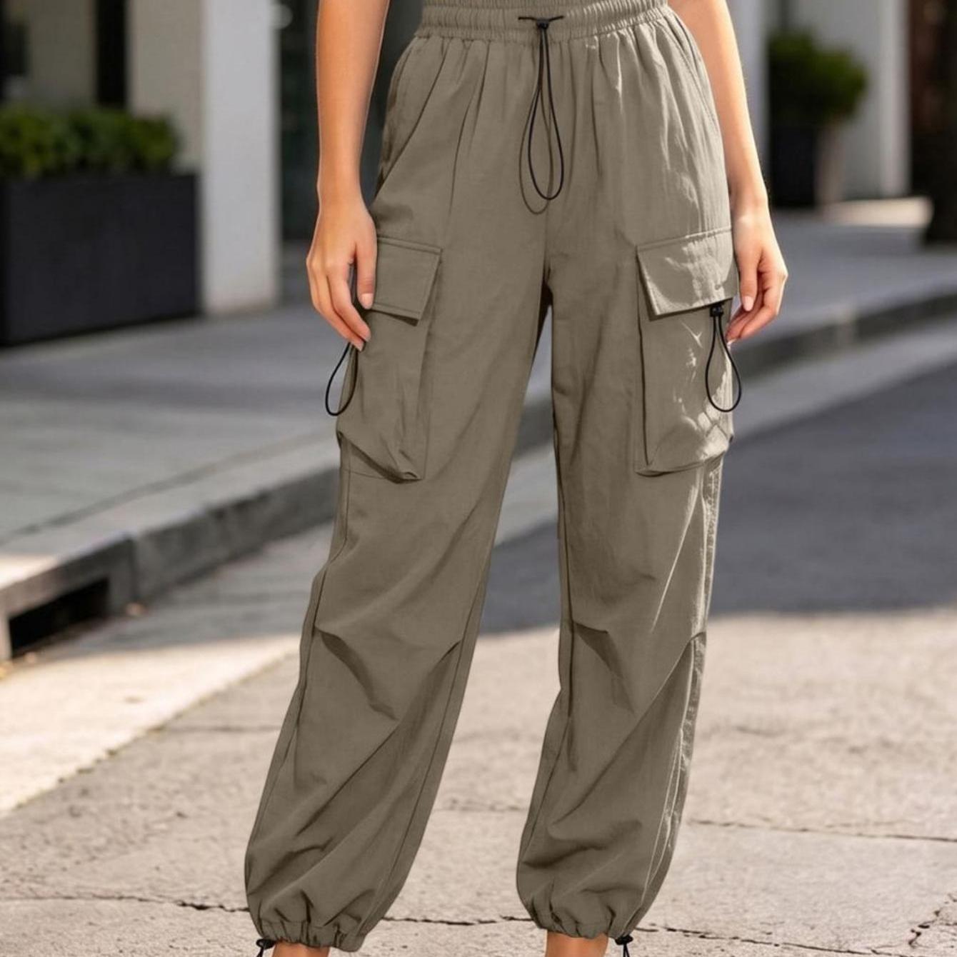 Image of Women's High-waisted Cargo Pants, With Adjustable Drawstring, Elastic Waist Jogger Pants With Multi-pockets, Loose-fit Quick-dry Casual Trousers For Streetwear, & Daily Wear