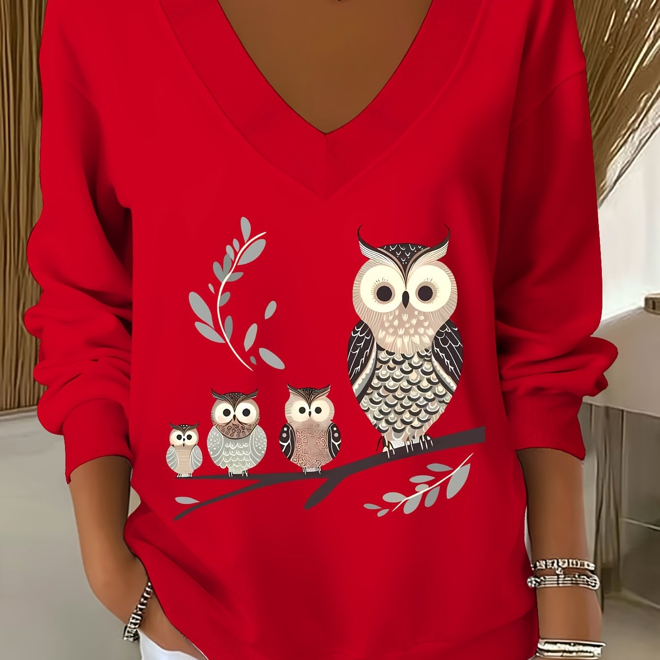 TEMU 1014gwen, A Casual V-neck Long-sleeved Sweatshirt With A Printed Pattern, Women's Clothing