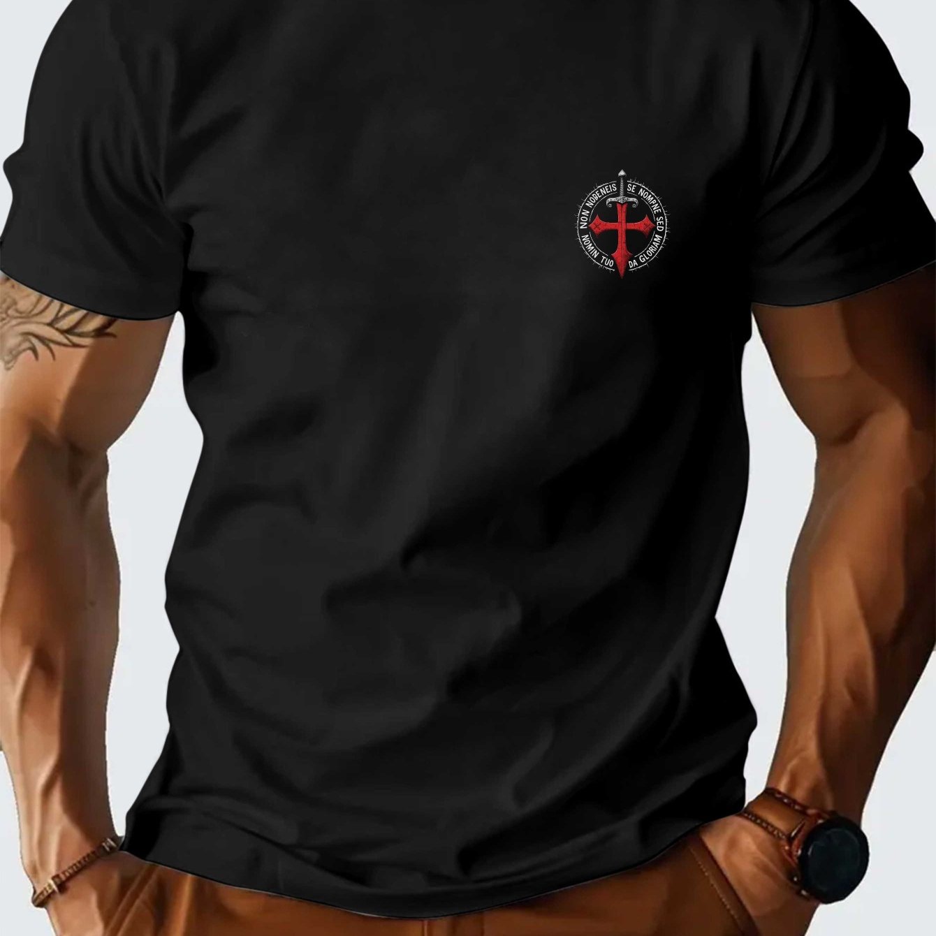 Image of Men's Templar T-shirt - Medieval Latin Templar Cross & Sword Design, Breathable Moisture-wicking Fit, Historical Replica Tee For, Casual Wear & Outdoor Activities (knight Logo)