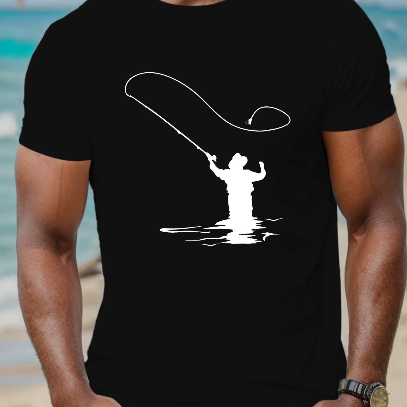TEMU Men's Casual Fishing Graphic Tee - Breathable Polyester, Short Sleeve, Round Neck Summer T-shirt