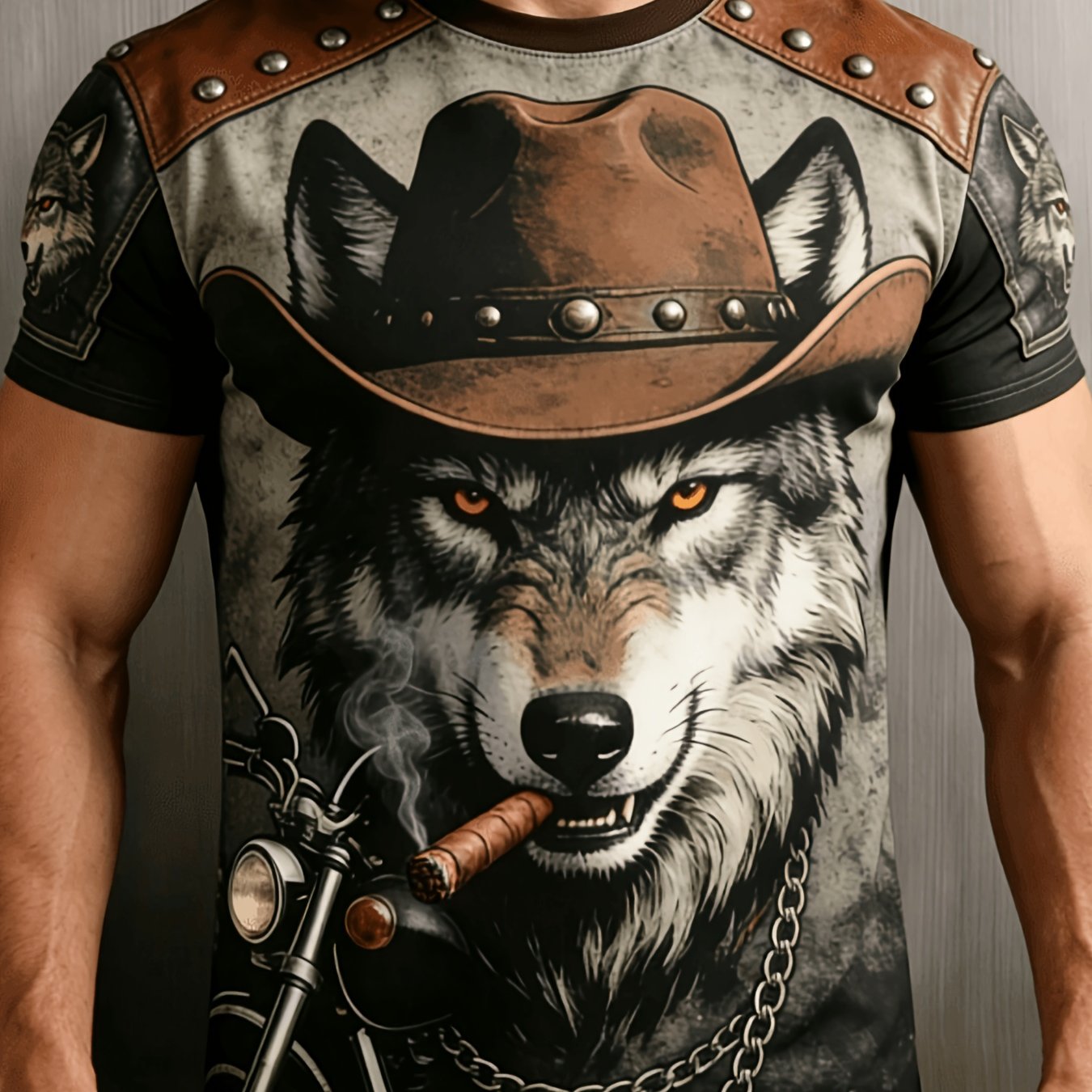 TEMU [print Design â Not Textured] Trendy Athletic Casual Men's T-shirt, Western Cowboy Wolf Motorcycle Print, Shoulder Studded Design, Round Neck