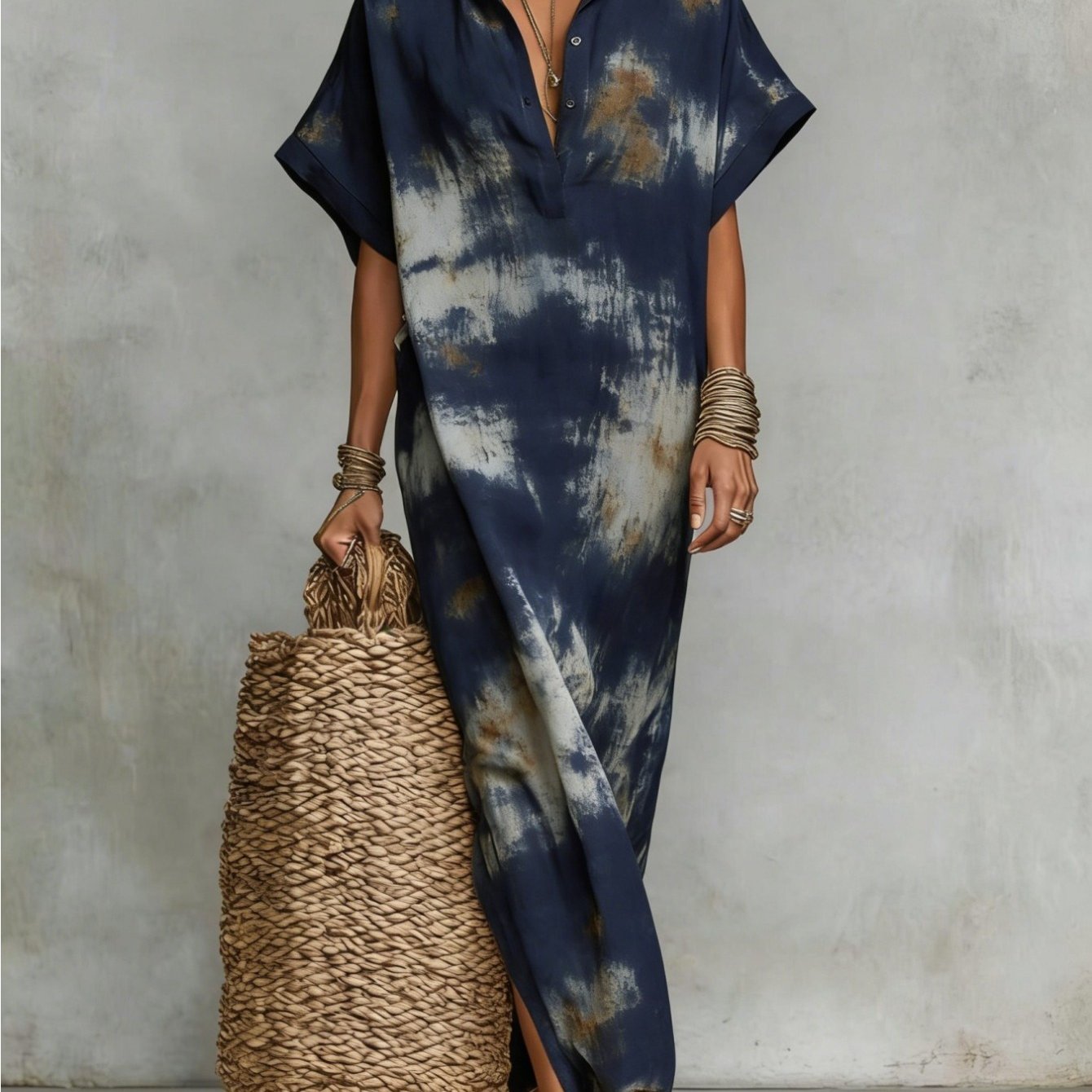 Image of Plus Size - Summer Women Dress Retro Tie Dye Print Maxi Dress Shirt Collar Short Cuff Sleeve Oversized Loose Side Split Elegant Vacation Daily Beach Long Outfit