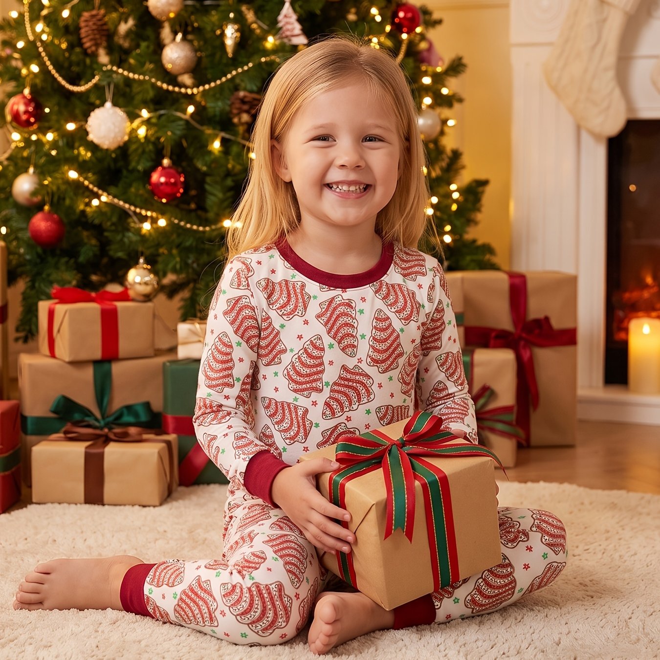 TEMU Bamboo Fiber - Christmas Long-sleeved Suit With Christmas Tree Pattern, , Elastic, Machine Washable - Christmas Gift, Suitable For Outdoor And