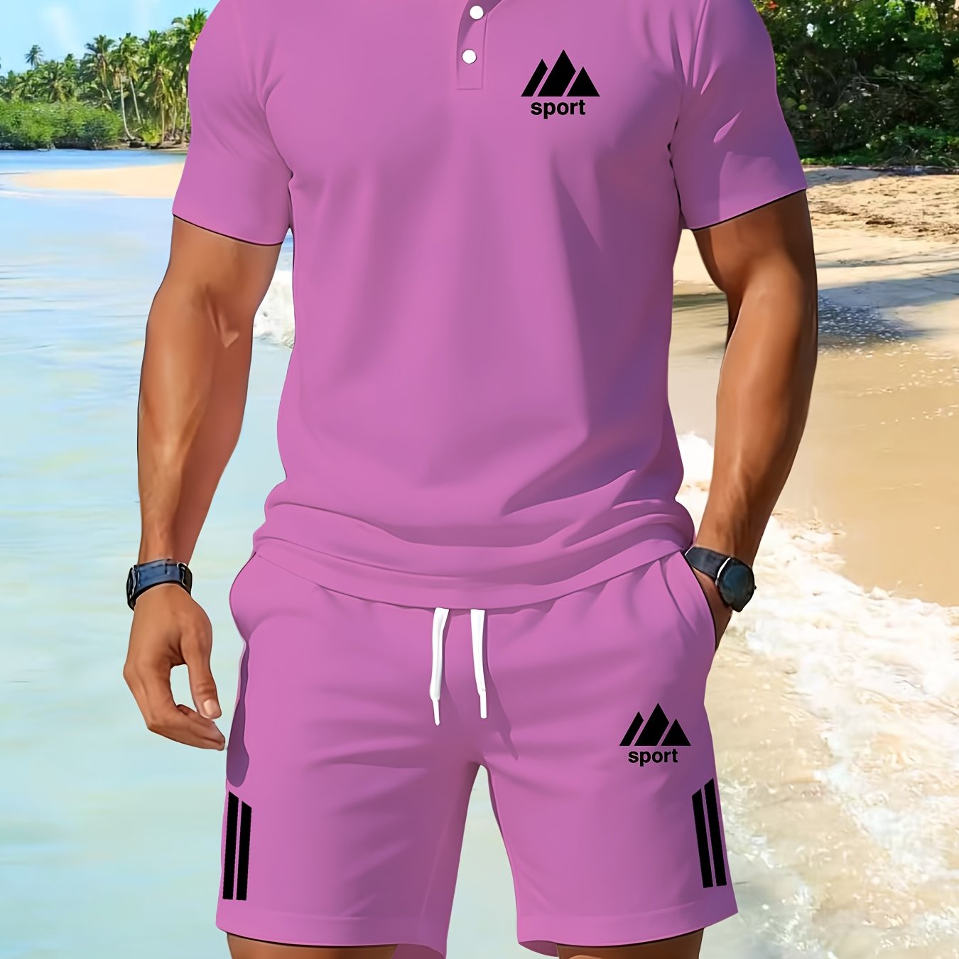TEMU Summer Vitality Men's Sportswear Set, Featuring Lapel Shirt With Shorts. The Durable Fabric Withstands Repeated Workouts, Making It Perfect For