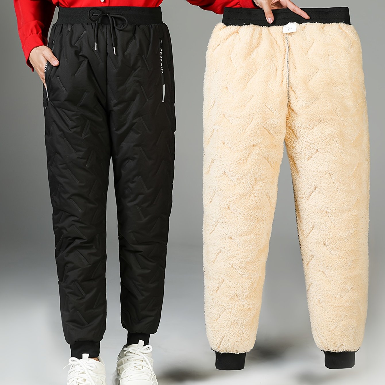 TEMU Women's Plus Size Winter Jogger Pants With Drawstring, Cozy Sherpa Lined Cuffs, Fabric, Solid Color, Elastic Waist, Casual Sports Pants With