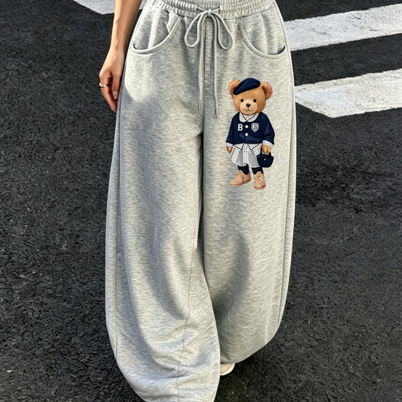 TEMU 1pc Women's Sweatpants, A Fashionable And Trendy Item. Y2k Style Loose-fit Wide-leg Sweatpants With British-style Uniform Bear Cartoon Print.