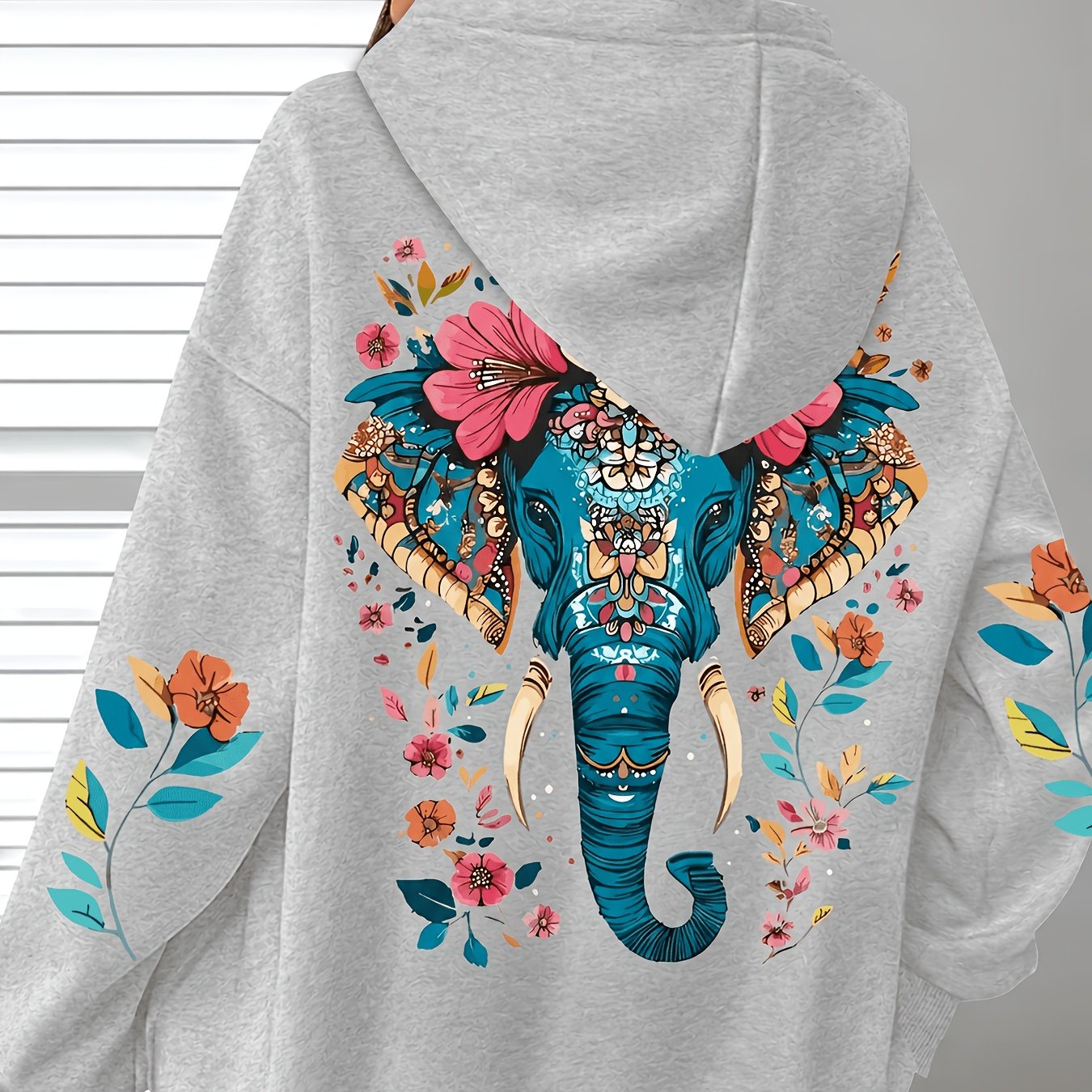 Image of A Elephant Floral Trendy Sweatshirt Woman's Hoodie High Quality Thick Sweatshirt Autumn Winter Wear For Casual Gift For
