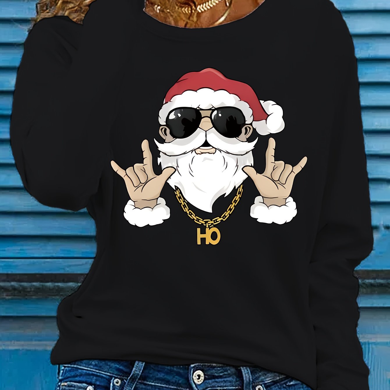 TEMU Christmas Santa Claus Print Long Sleeve Crew Neck T-shirt, Polyester Casual Top For Women, Fall Season, Applique Details, Pullovers, No Padding,