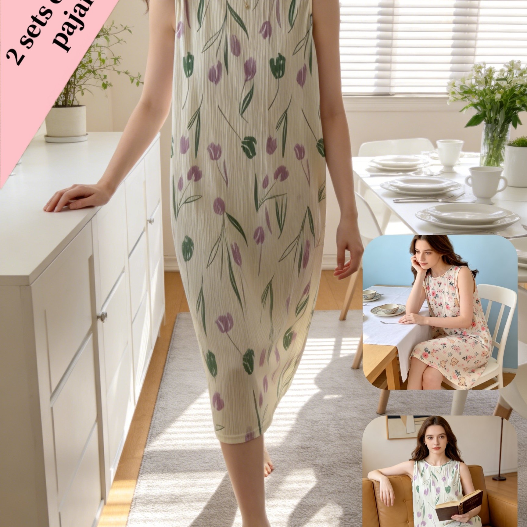 Image of Women's Floral Set, 2pcs. Women's Sleeveless Easy Retro-style . Comfortable Sleeping At Home, Versatile Leisure, Breathable And Cool, Suitable For Wearing Outside
