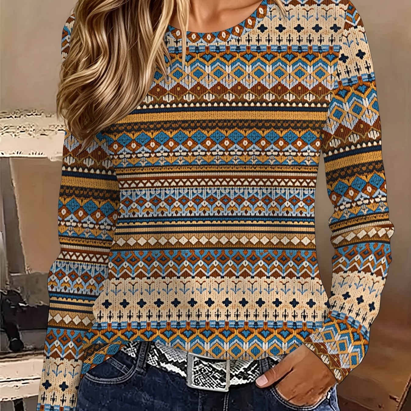 TEMU Women's Printed Crew Neck Long Sleeve T-shirt, Casual Summer Tops