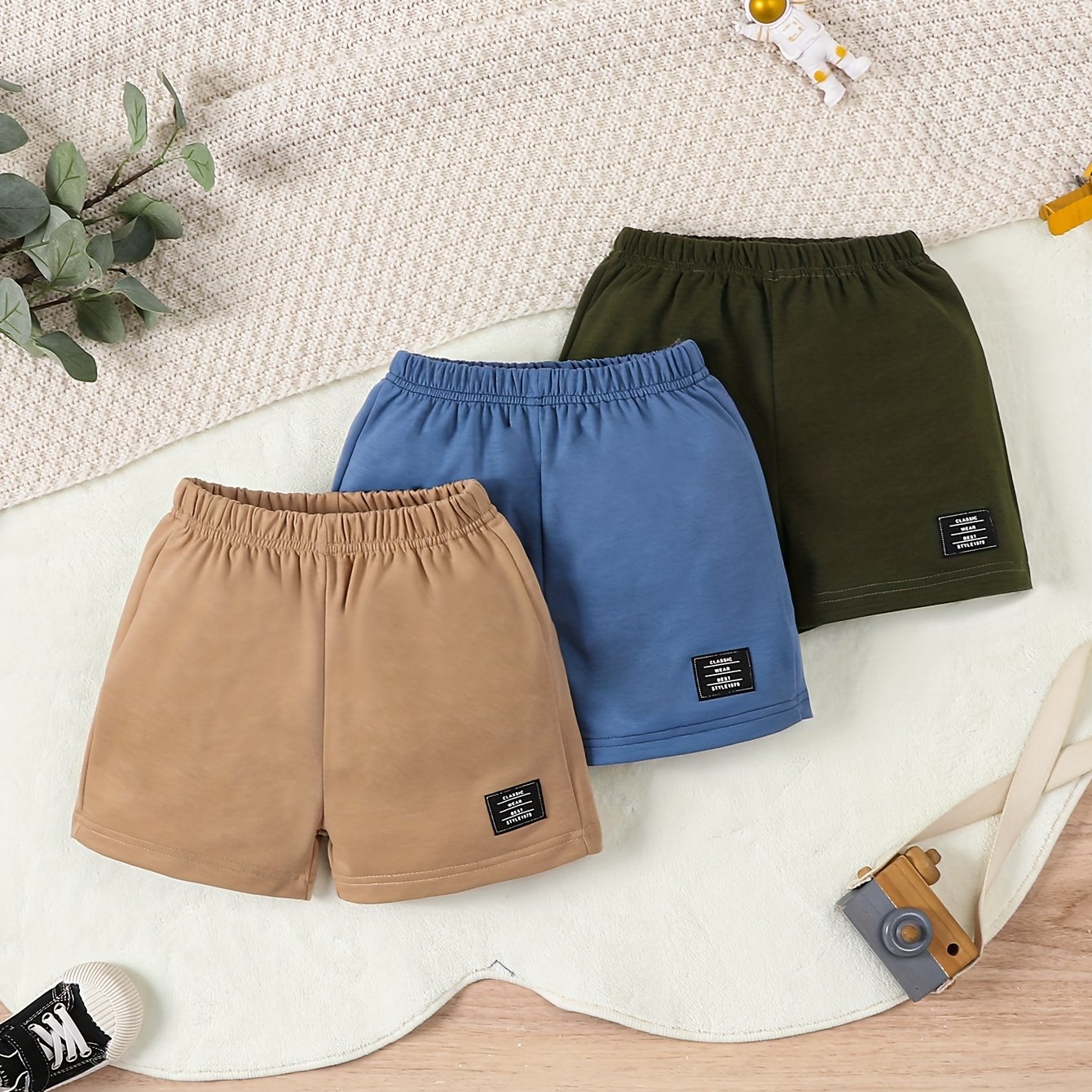 3pcs boys label patched comfortable creative shorts casual elastic waist shorts for summer outdoor
