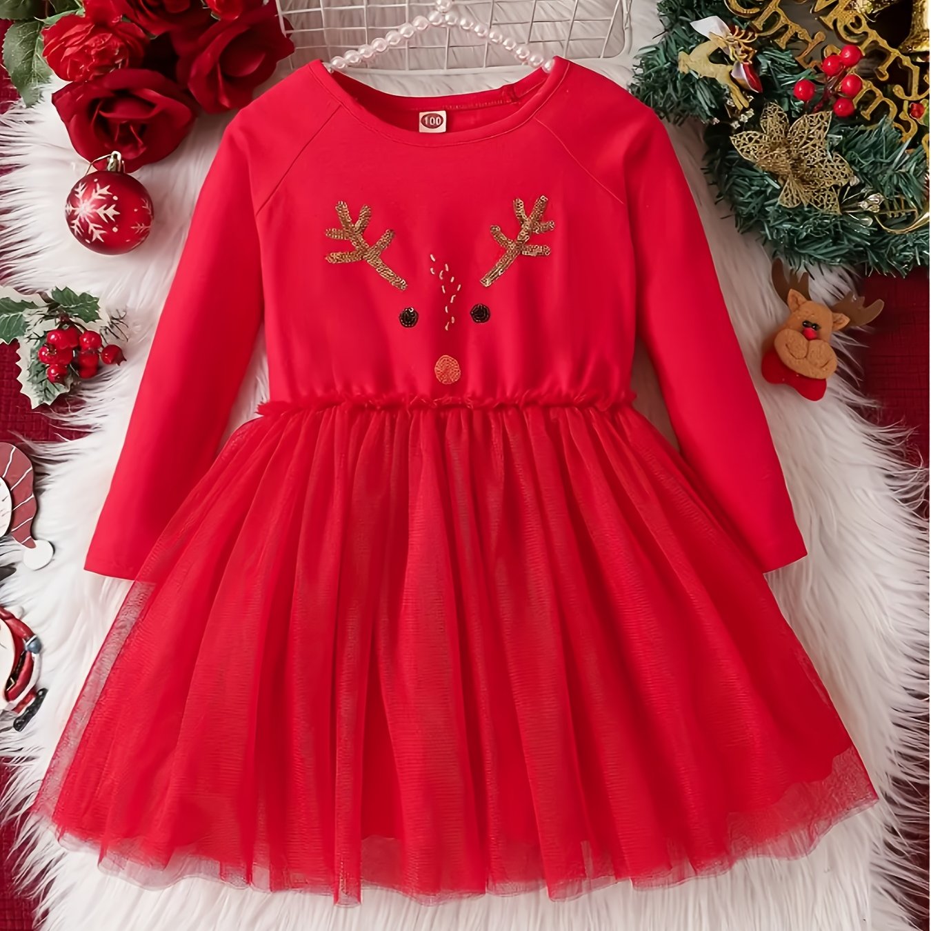 Image of Girls' Dress With Reindeer Print And Mesh Skirt - Festive Christmas Red