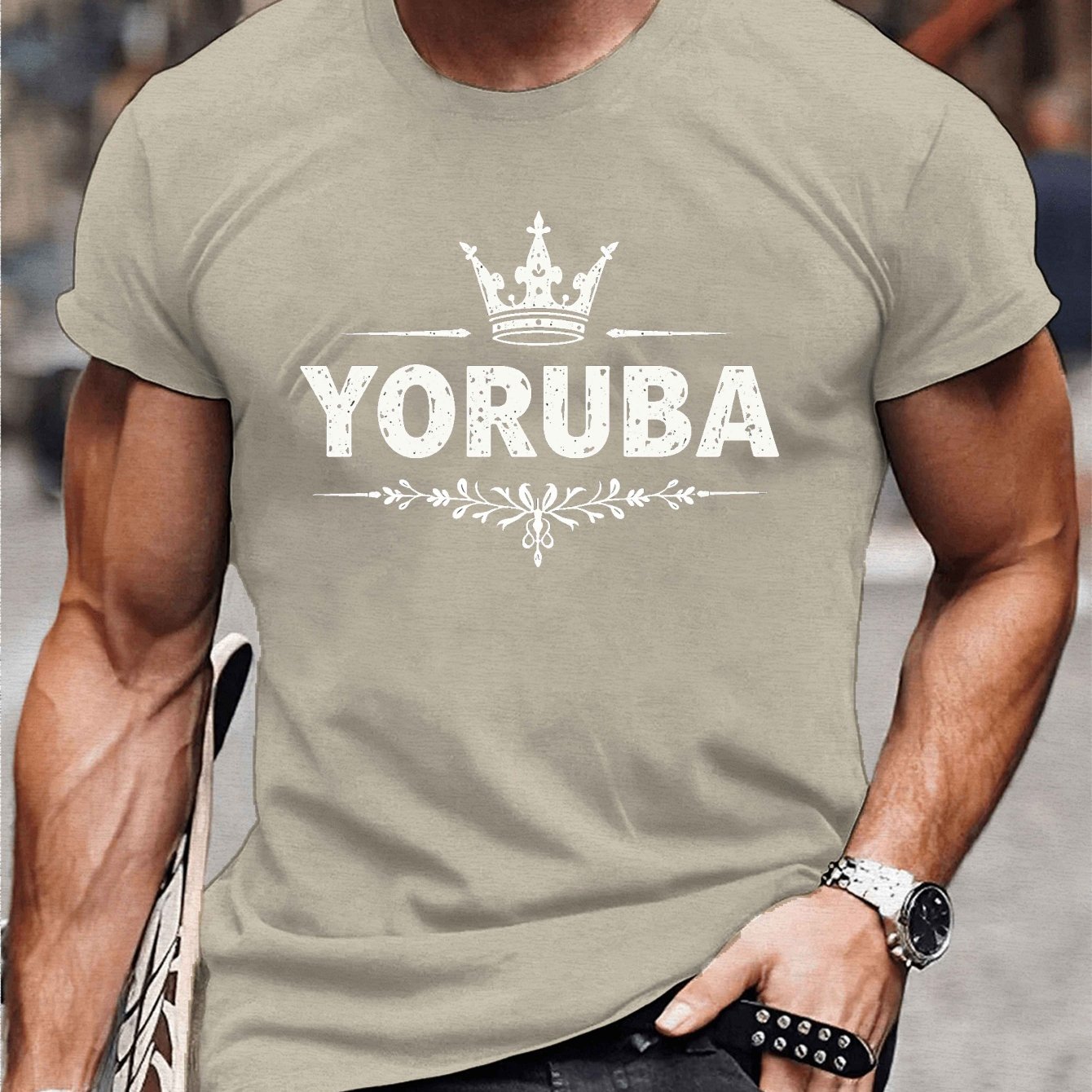 TEMU Men's Yoruba Graphic T-shirt - Royal Blue Casual Short Sleeve Tee With Crown & Design, Lightweight Summer Shirt For Casual Attire, Outdoor