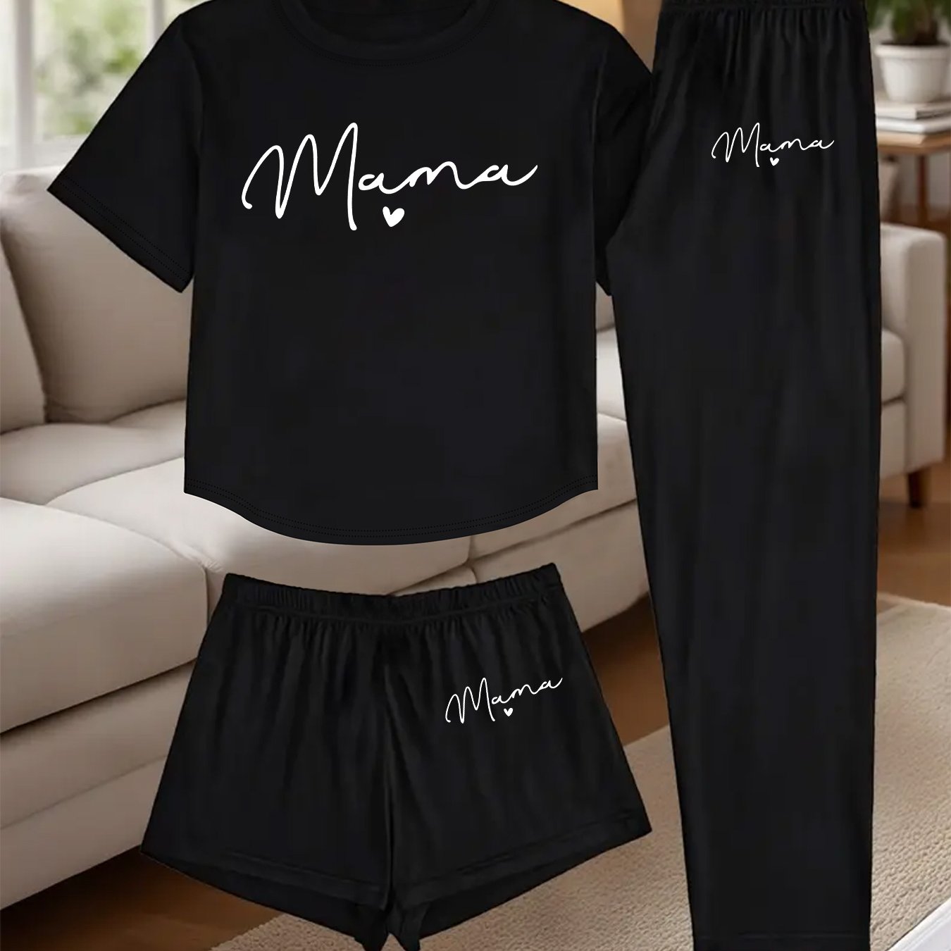 TEMU (1002#3pcs Set) Women's Homewear 3pcs Set, Print 3pcs Set, Short Sleeve Long Pants Shorts Set