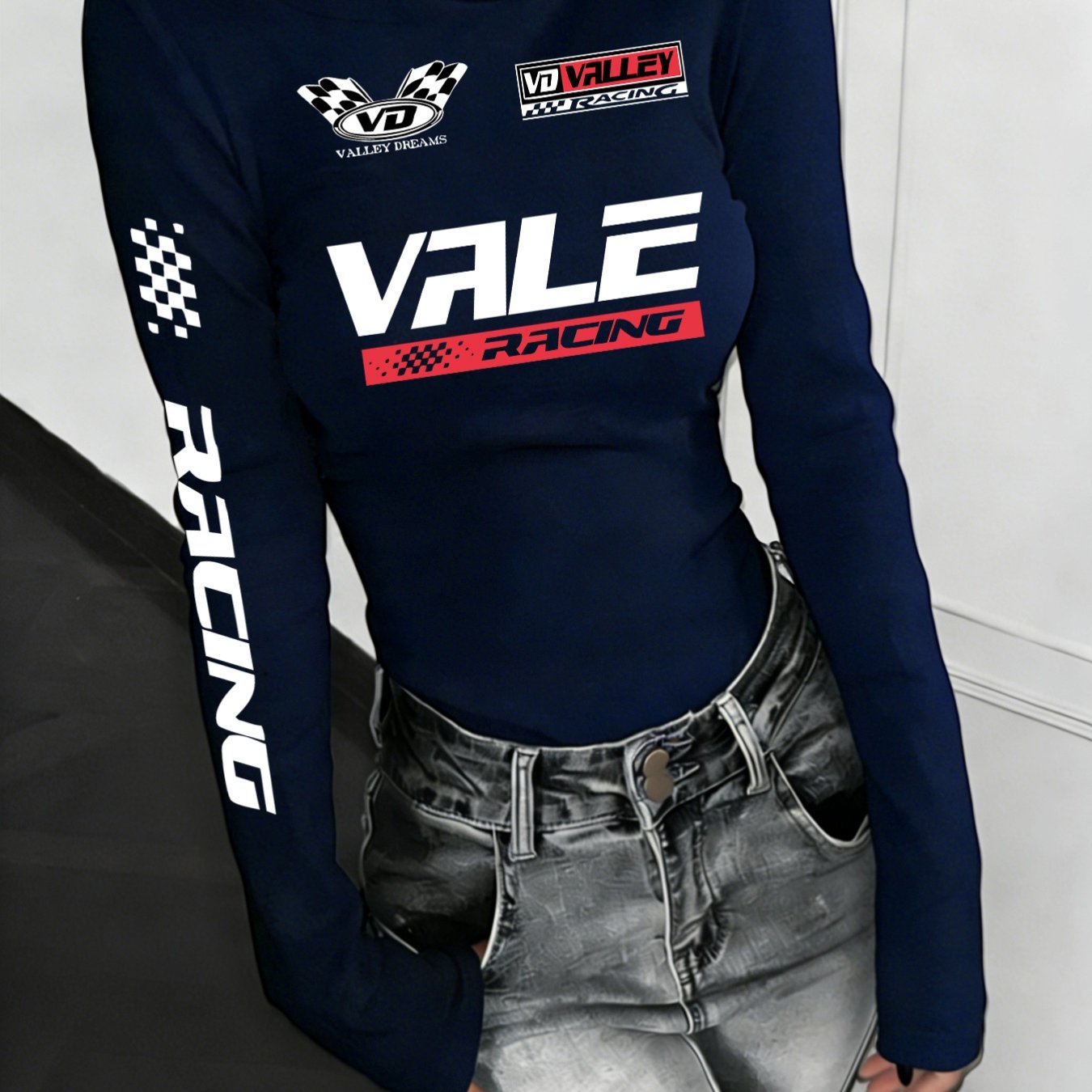 TEMU Spicy Vale Letter Print Base Shirt Women's Slim Fit High Neck Long Sleeve