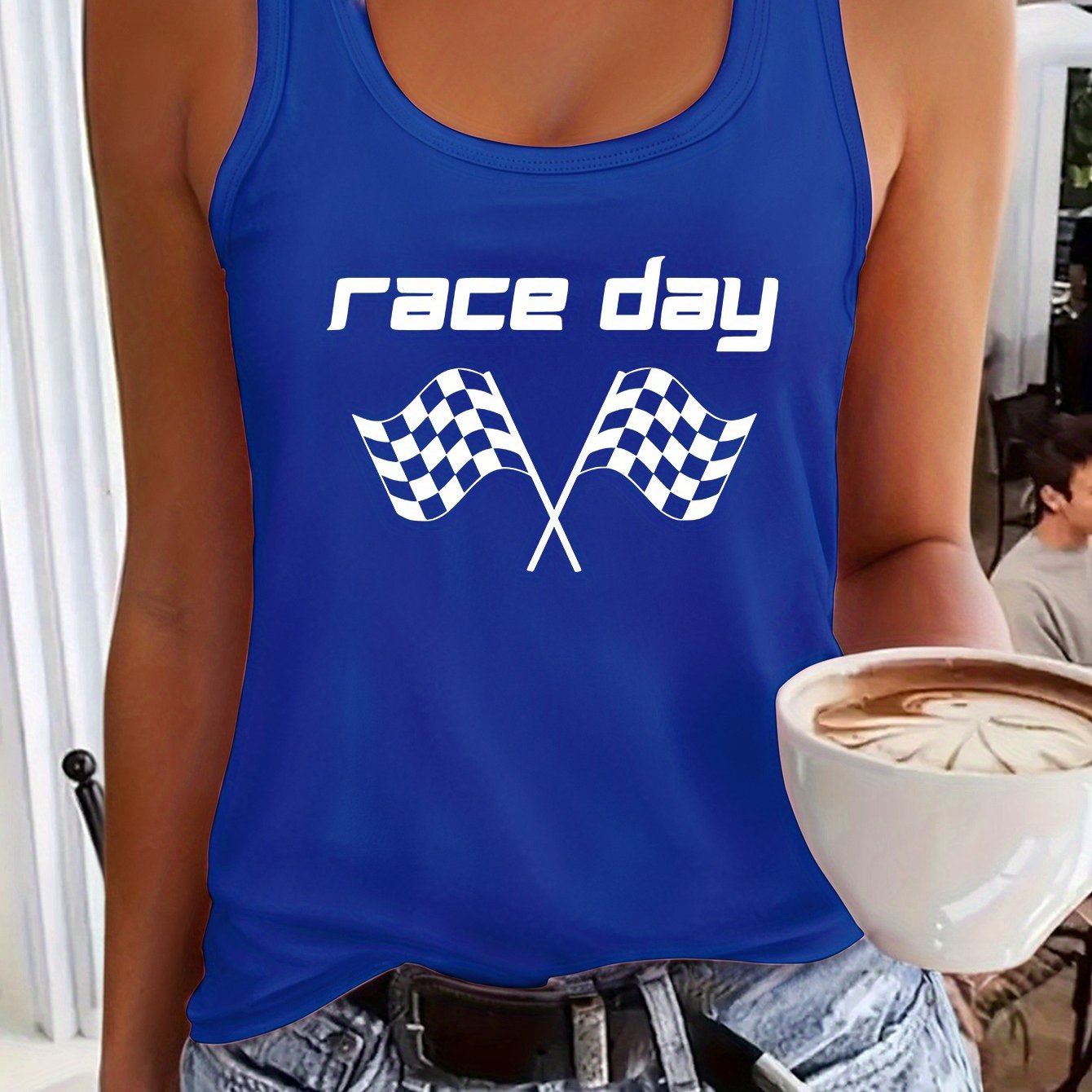 TEMU Design Race Day Letters And Checkered Flag Pattern Printed Ladies Fashion Undershirt, Spring And Summer Casual Sleeveless Work Undershirt,