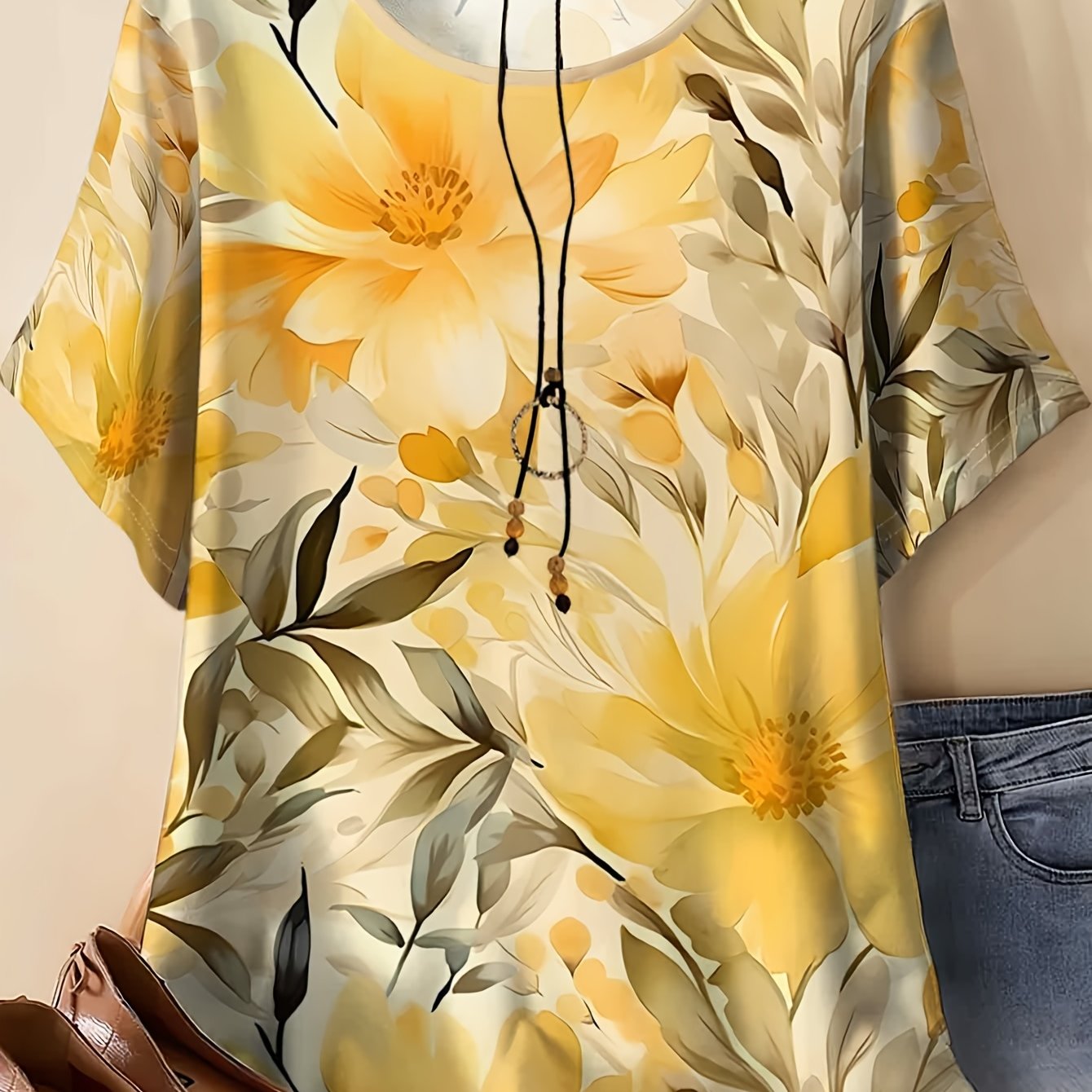 TEMU Plus Size Women's Oversized Short Sleeve T-shirt - Full-body Yellow Floral Print Round Neck Blouse Suitable For Summer Casual Wear, Loose Fit